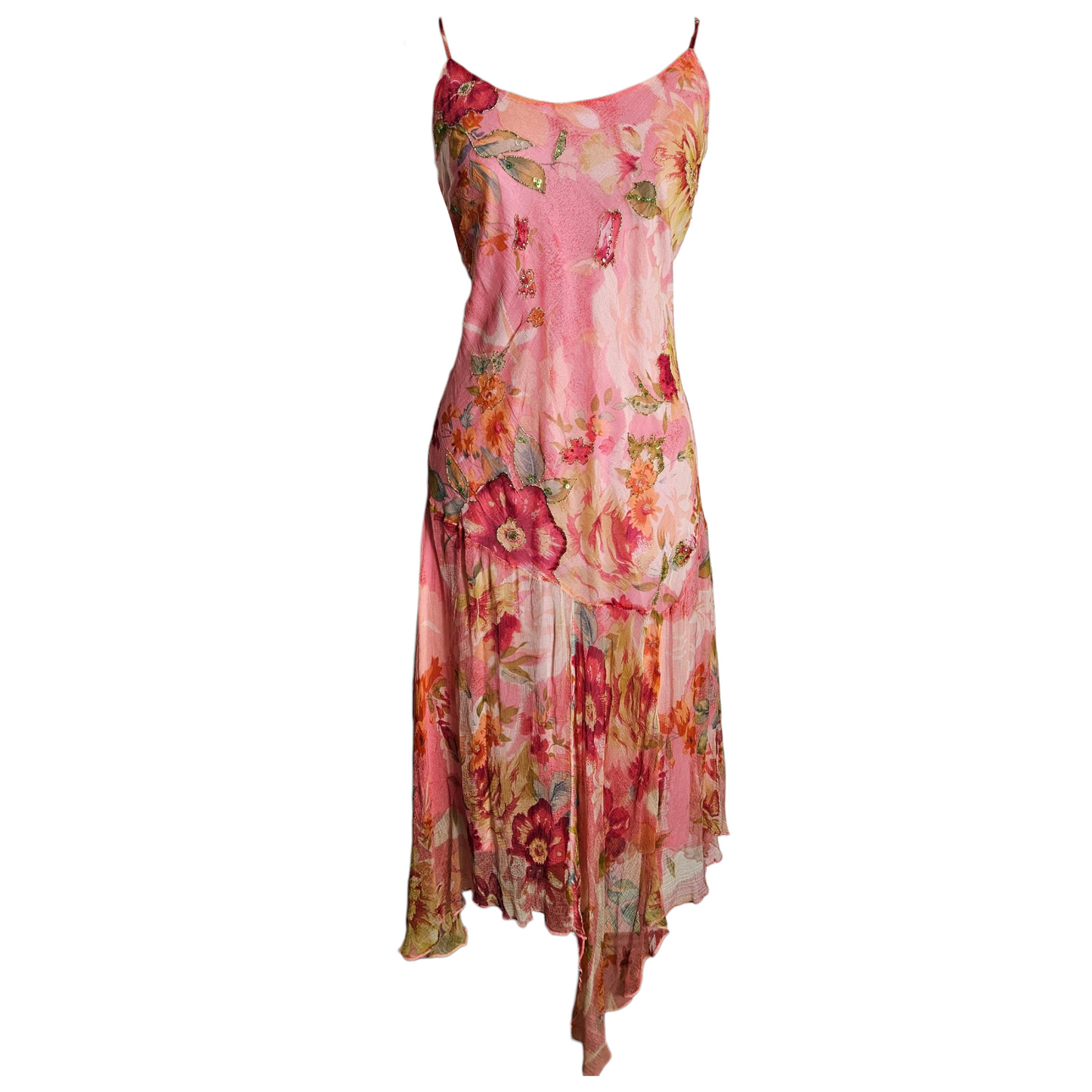 Vintage pink floral chiffon dress with spaghetti straps and asymmetrical hem, photographed from the front on white background