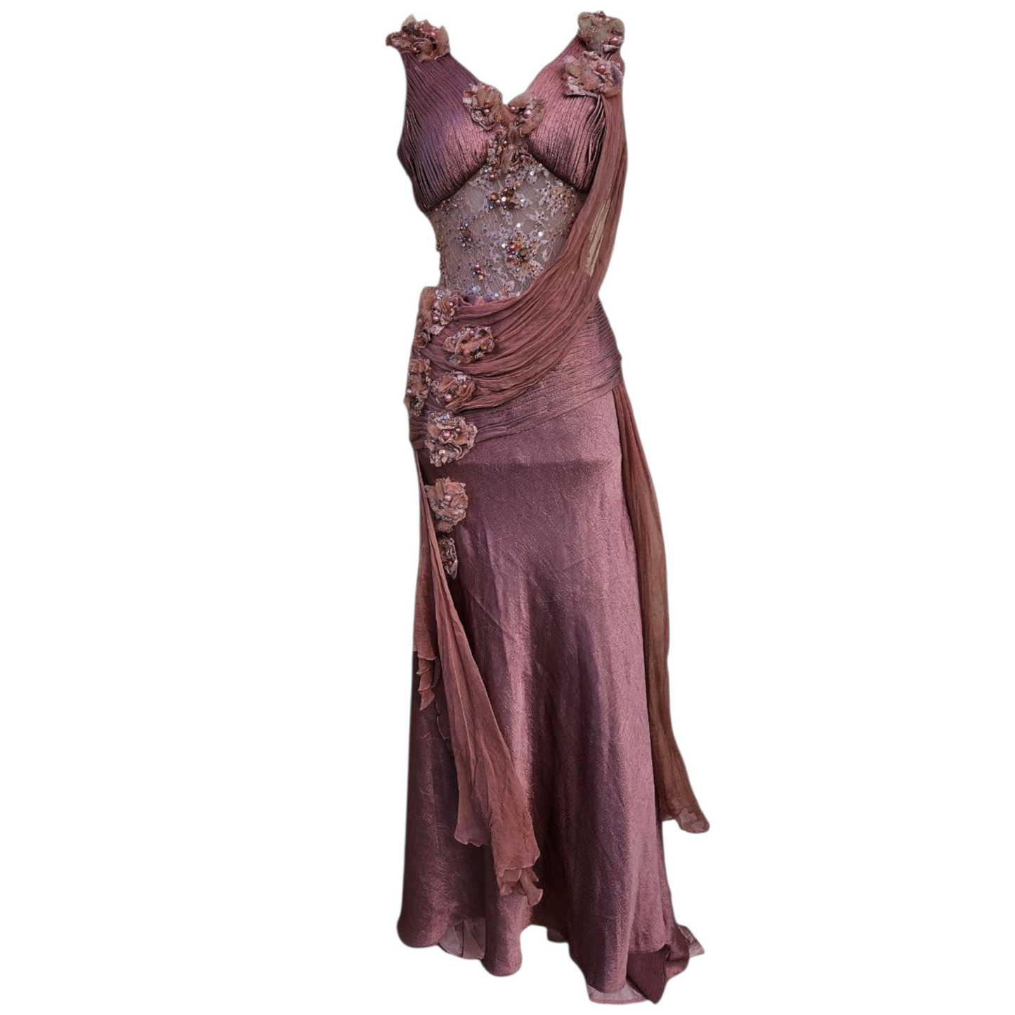 Vintage embellished evening gown in mauve tones with floral appliqués, photographed from the front on white background