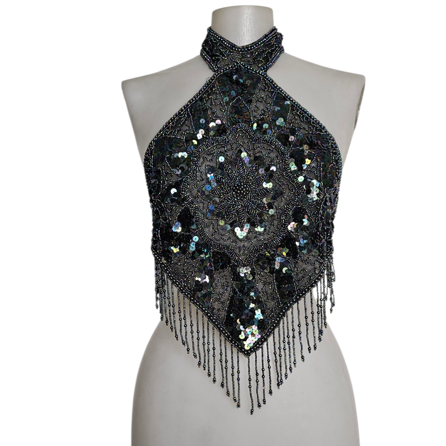 Vestido negro sin espalda con reflejos multicolores