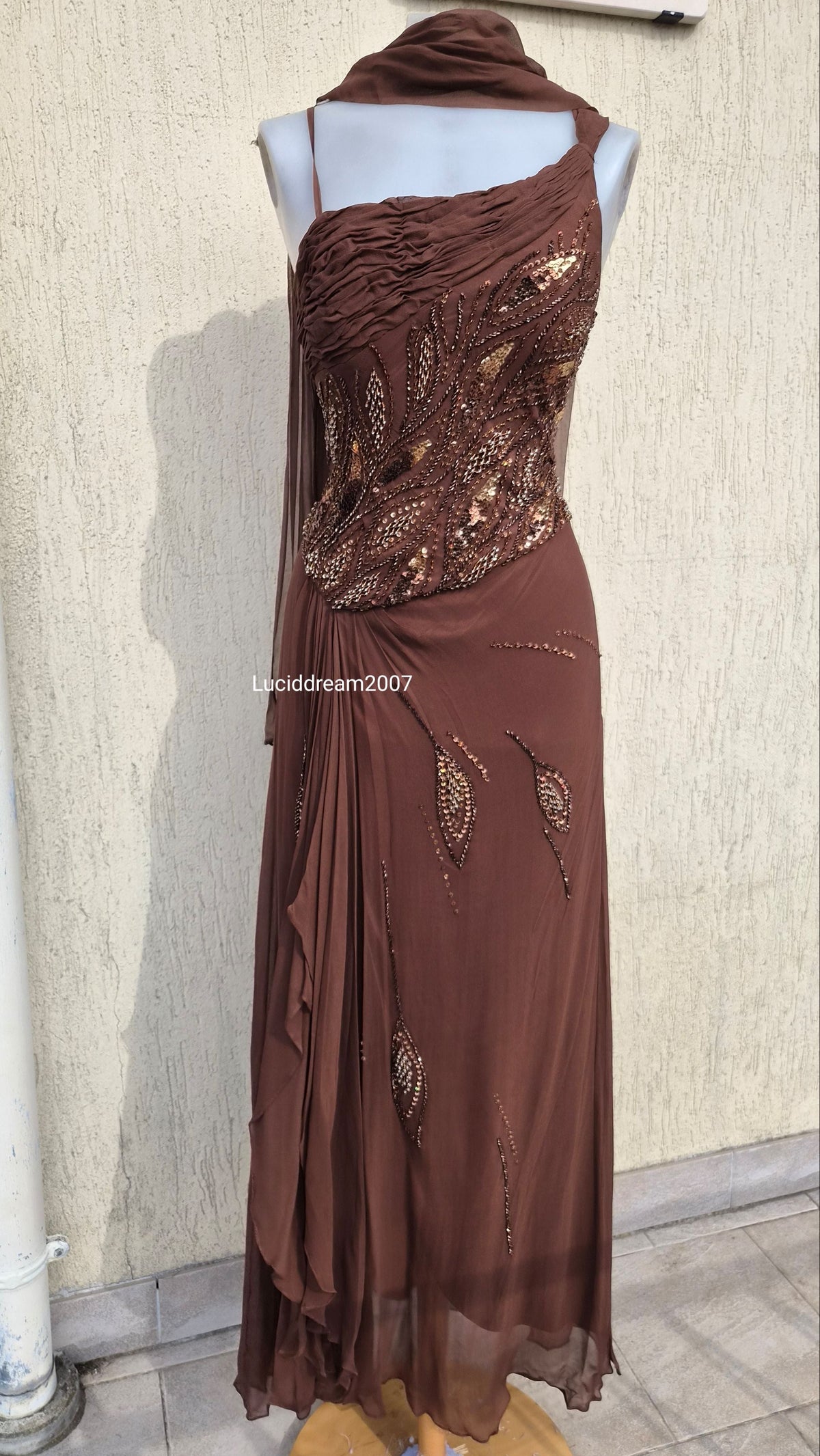 Embroidered brown silk dress