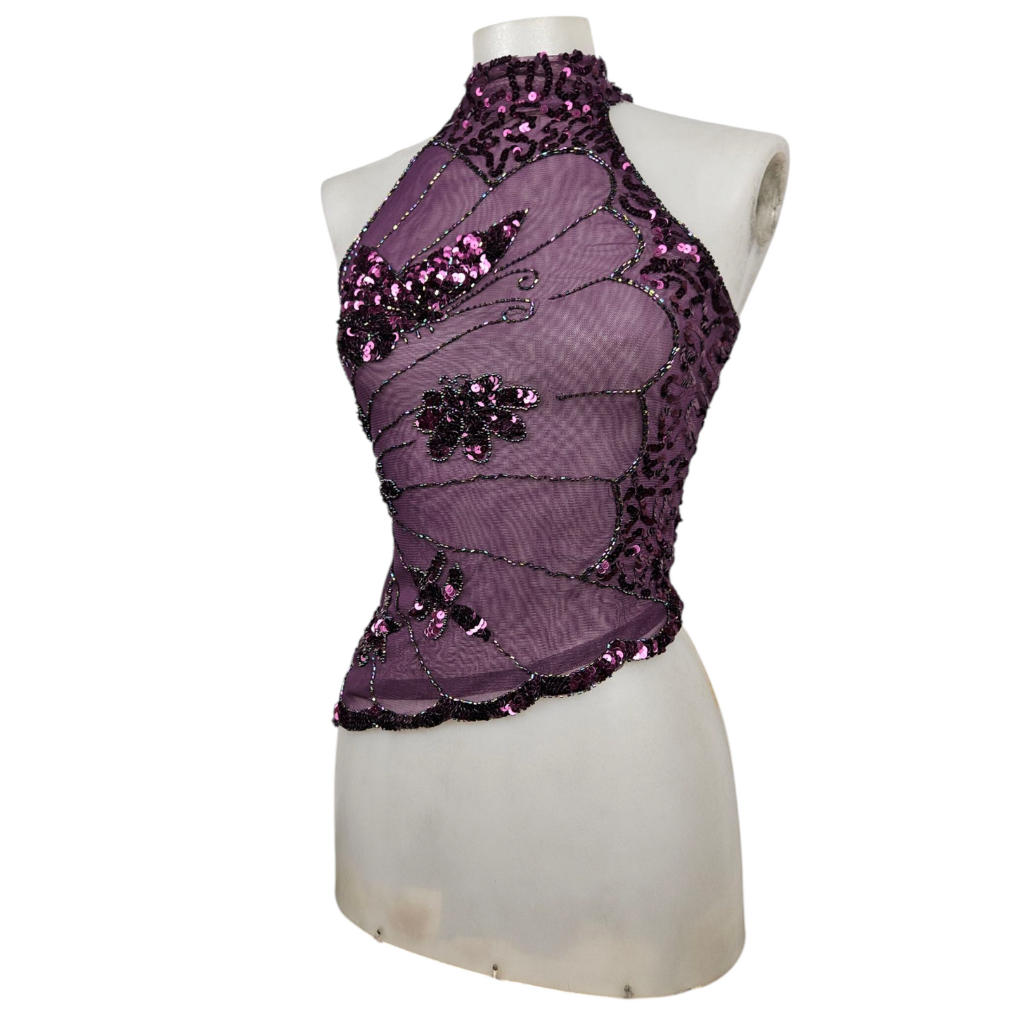 Haut en mesh brodé de sequins en papillons