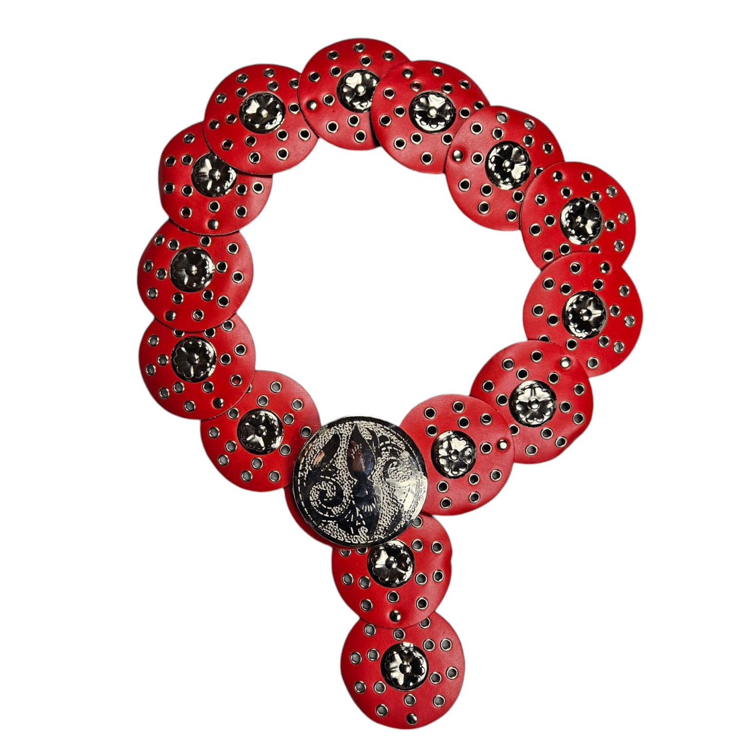 Ceinture à disques rouge et argentée