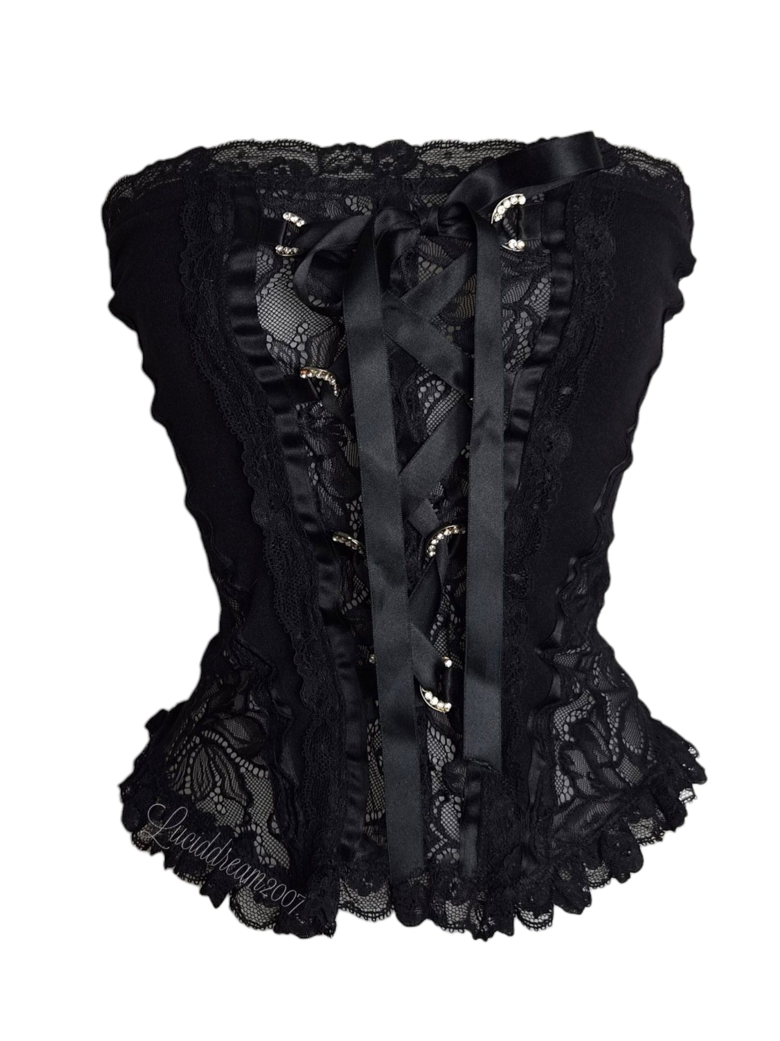 Haut de type bustier noir avec détails en dentelle florale. Avec laçage central ajustable à l'aide d'un ruban en satin noir. Sortie d'une reverie vintage goth