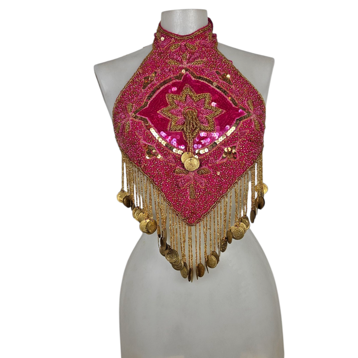 Dos nu brodé de perles et sequins rose et doré