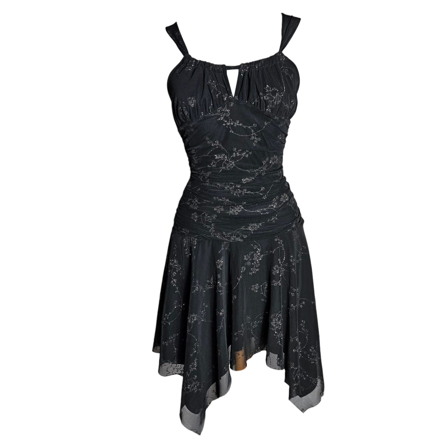 Robe asymétrique motif floral argenté
