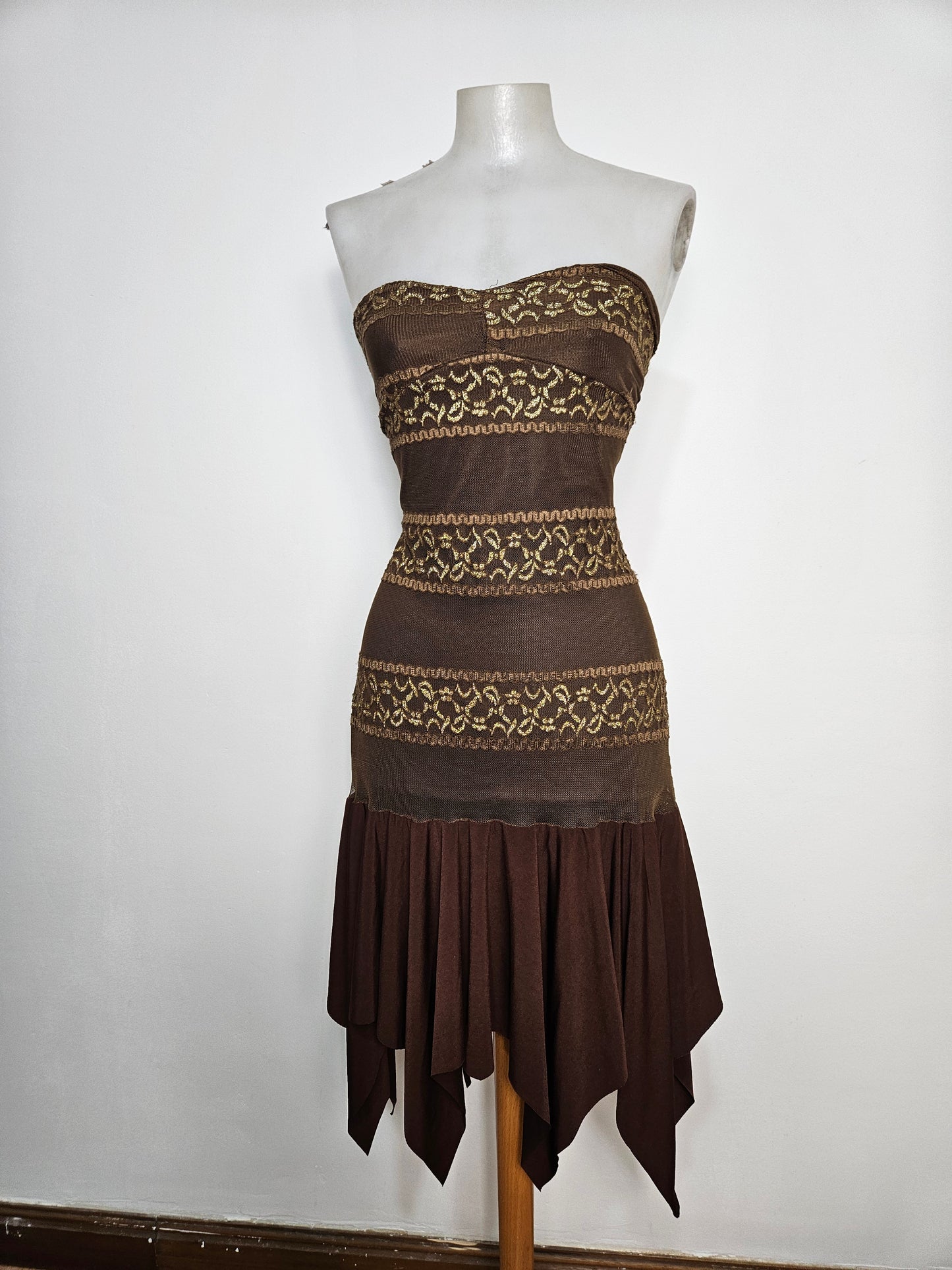 Robe strapless voile et dentelle marron