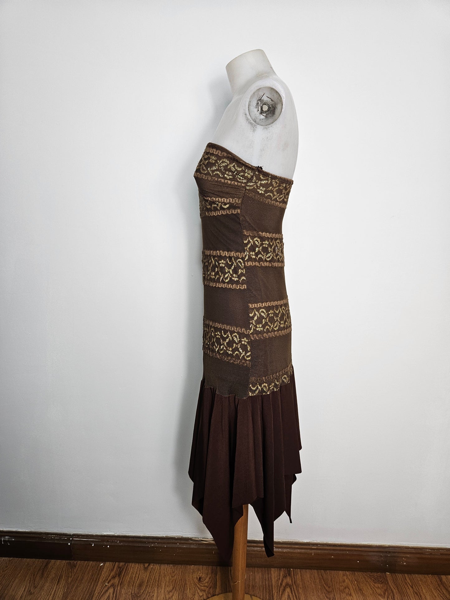 Robe strapless voile et dentelle marron