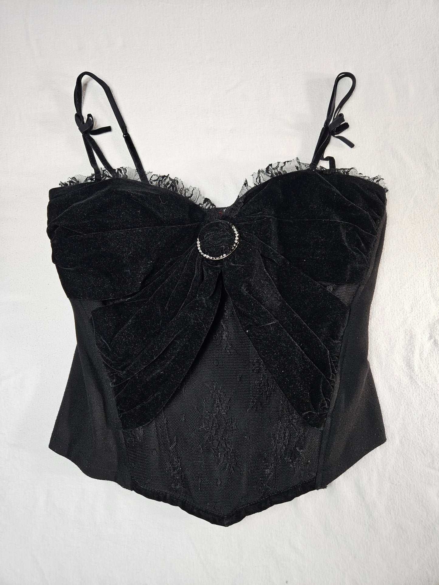 Bustier noir velours, dentelle et strass