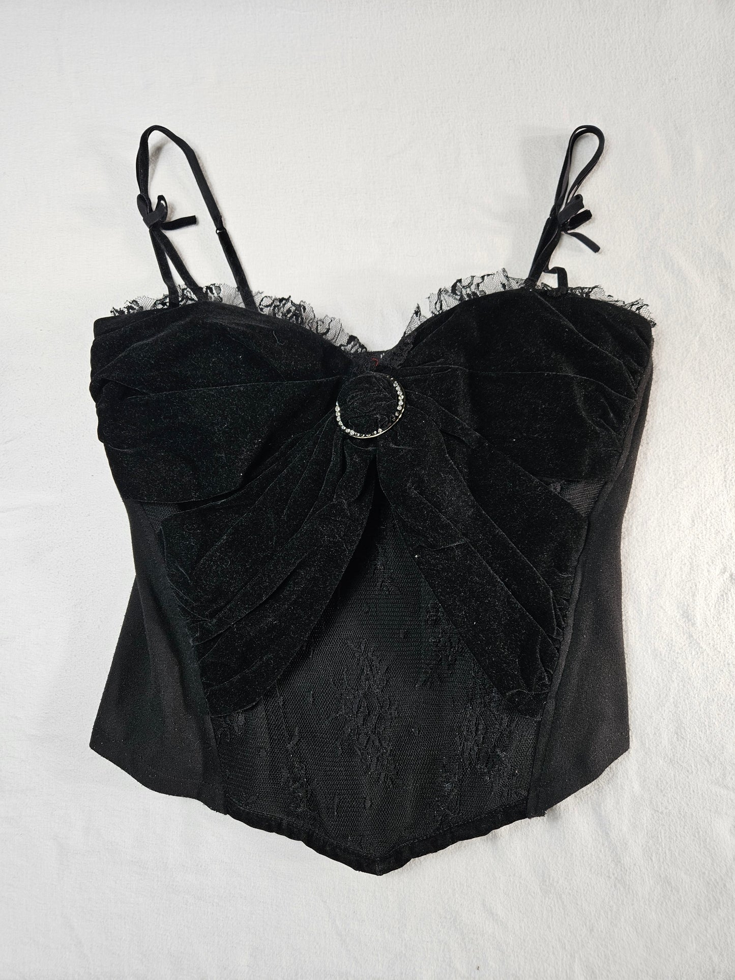 Bustier noir velours, dentelle et strass