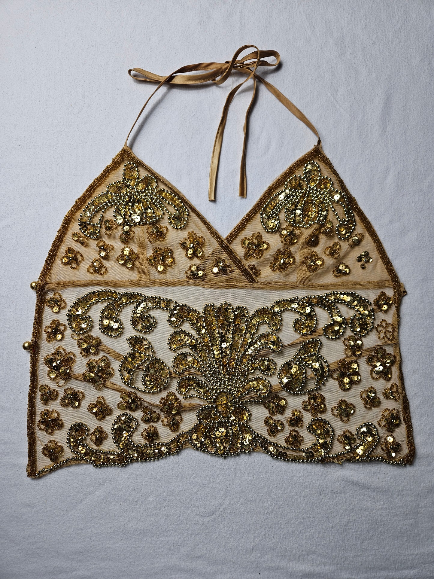 Open back in gold embroidered voile