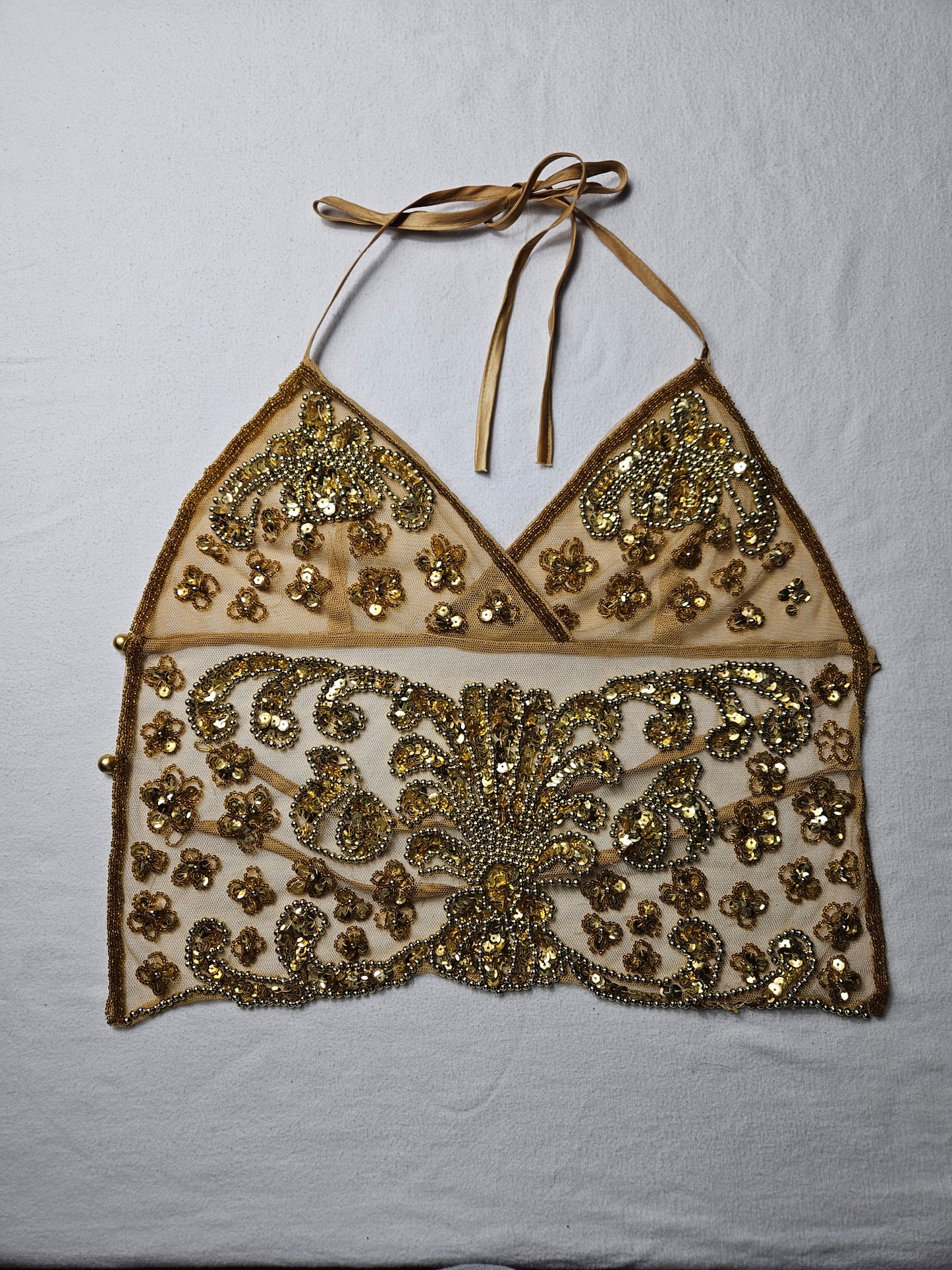Open back in gold embroidered voile
