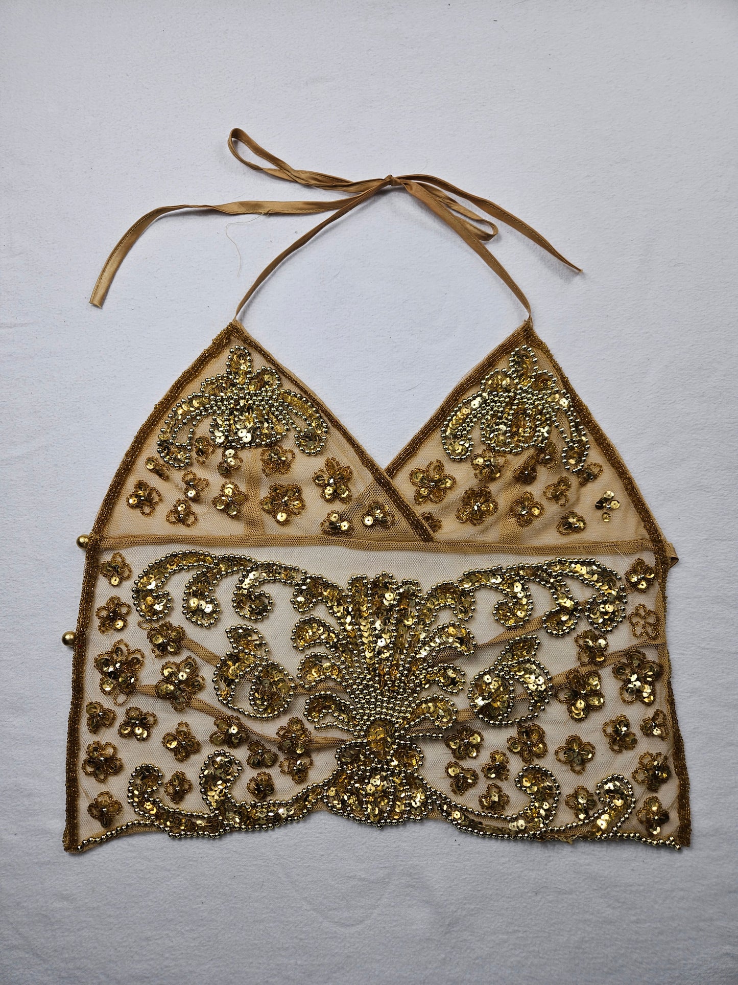Open back in gold embroidered voile