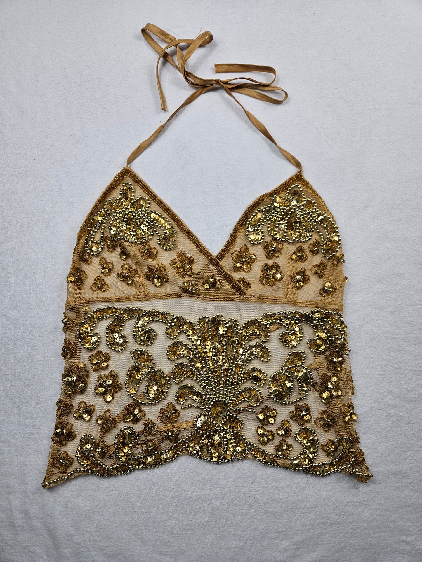 Open back in gold embroidered voile