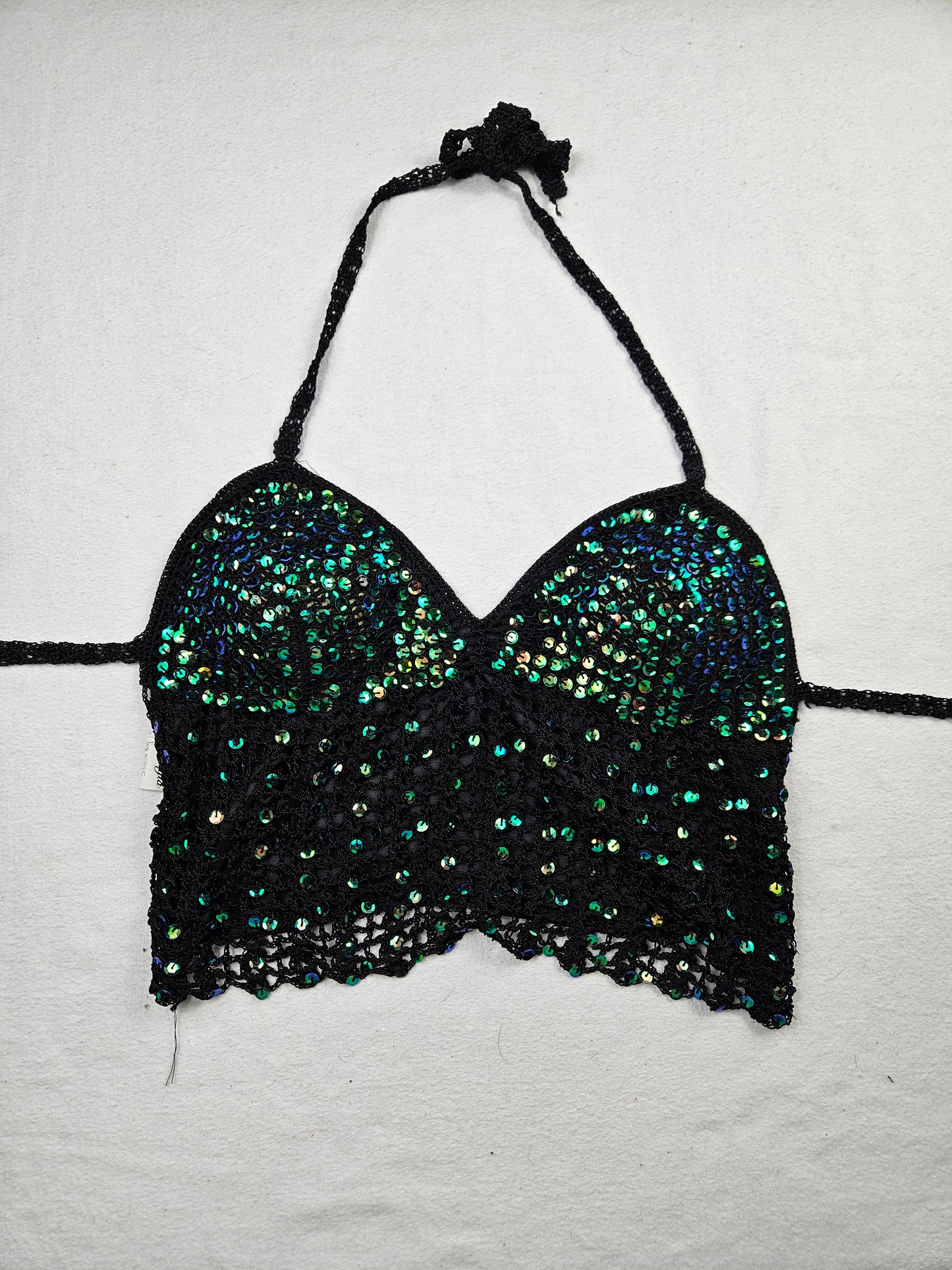 green and black sequined halter top