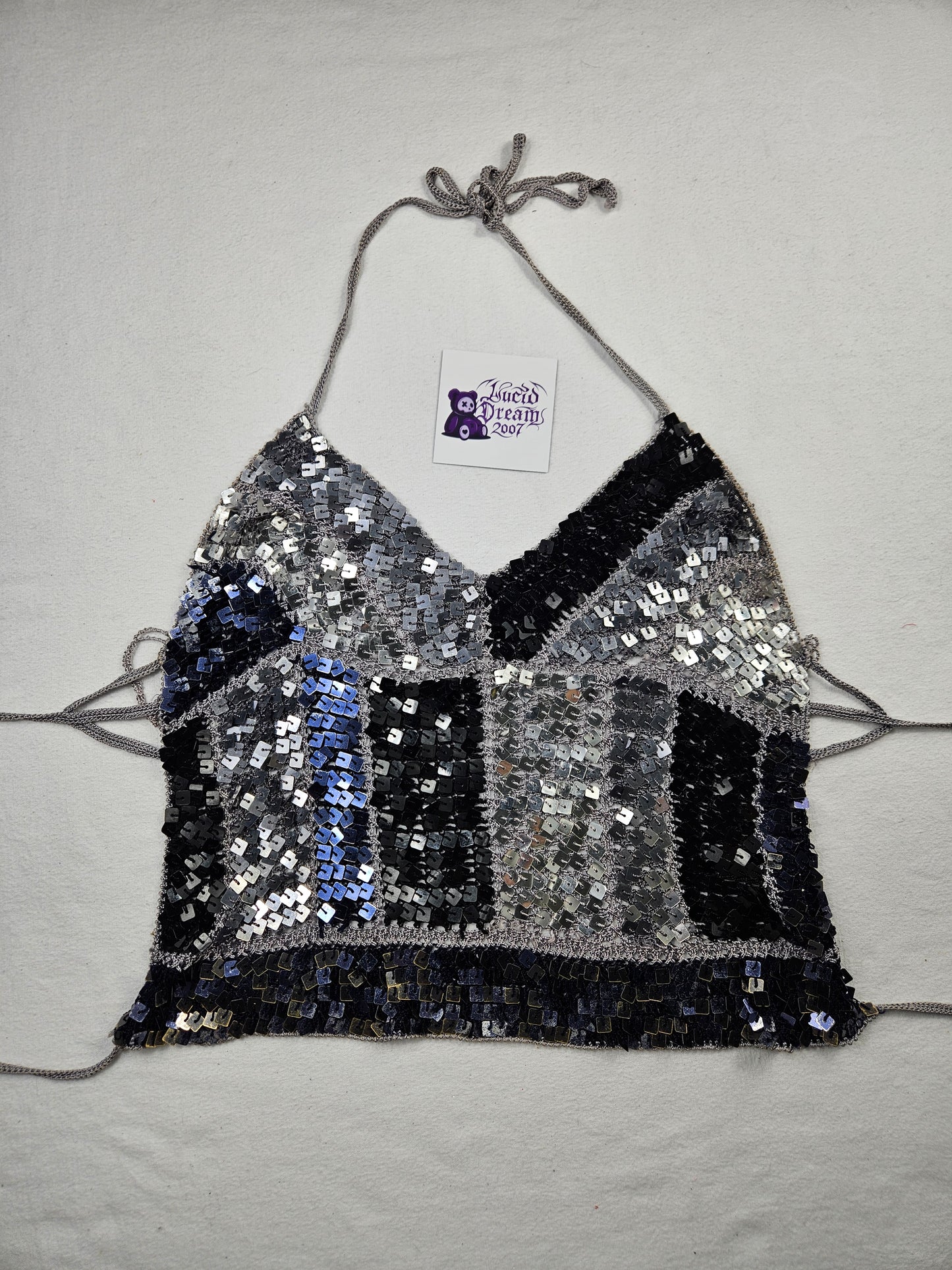 Open back with black and silver sequins