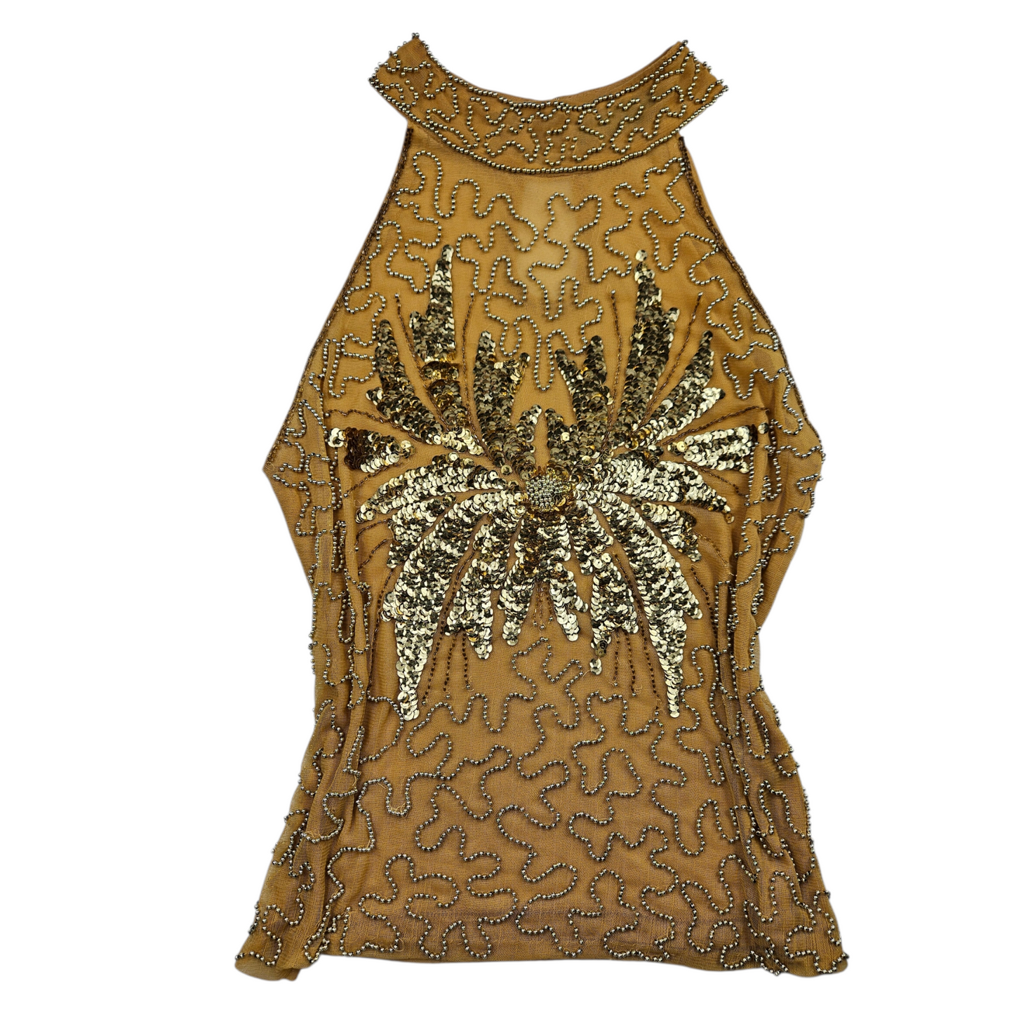 High-necked garment with gold sequins