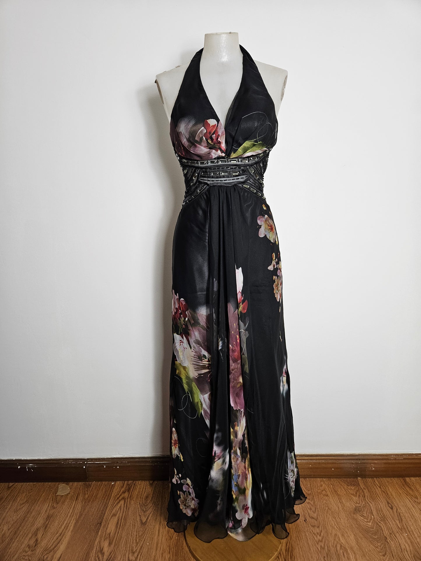 Maxi black floral dress with open back