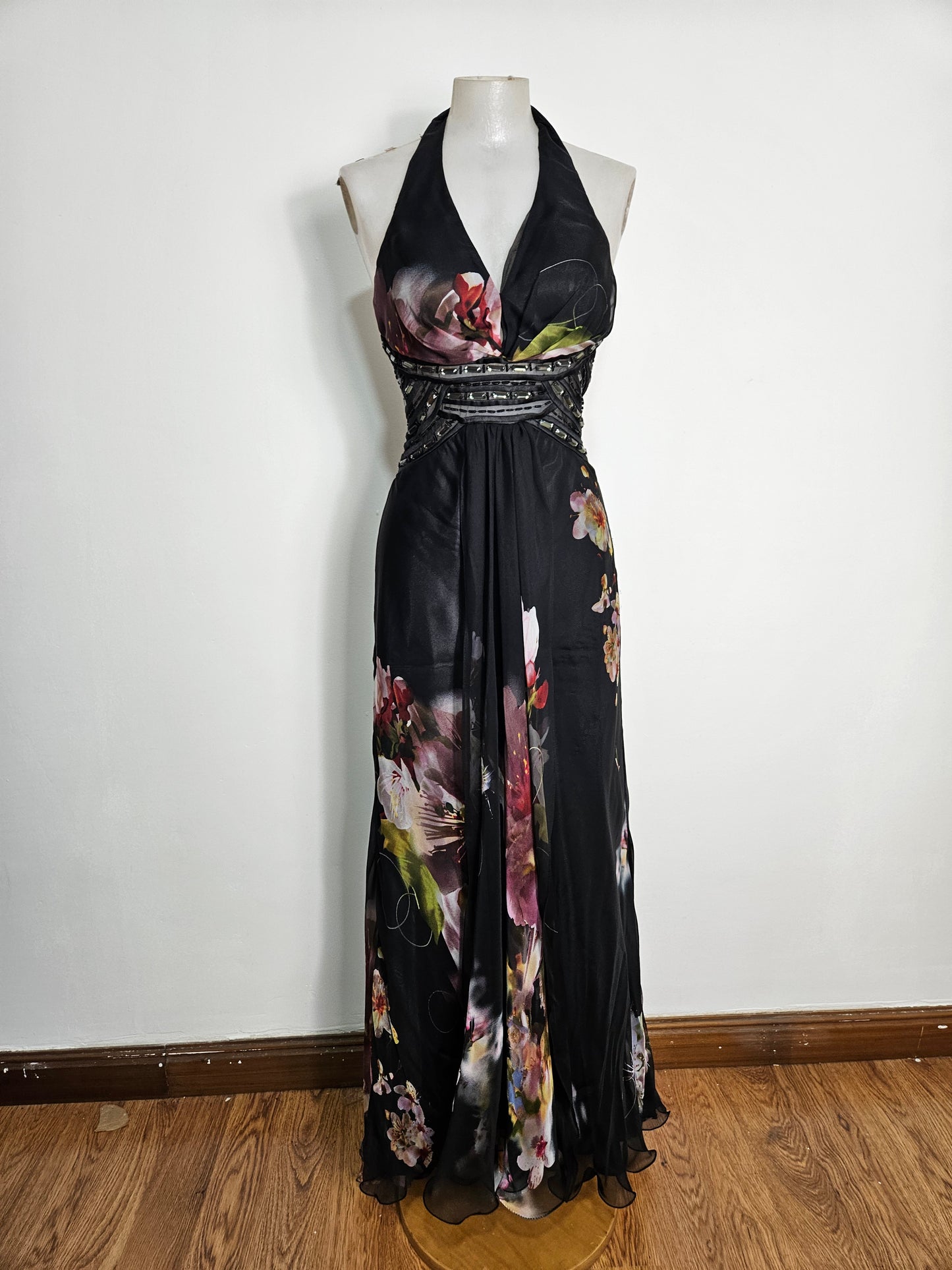 Maxi black floral dress with open back