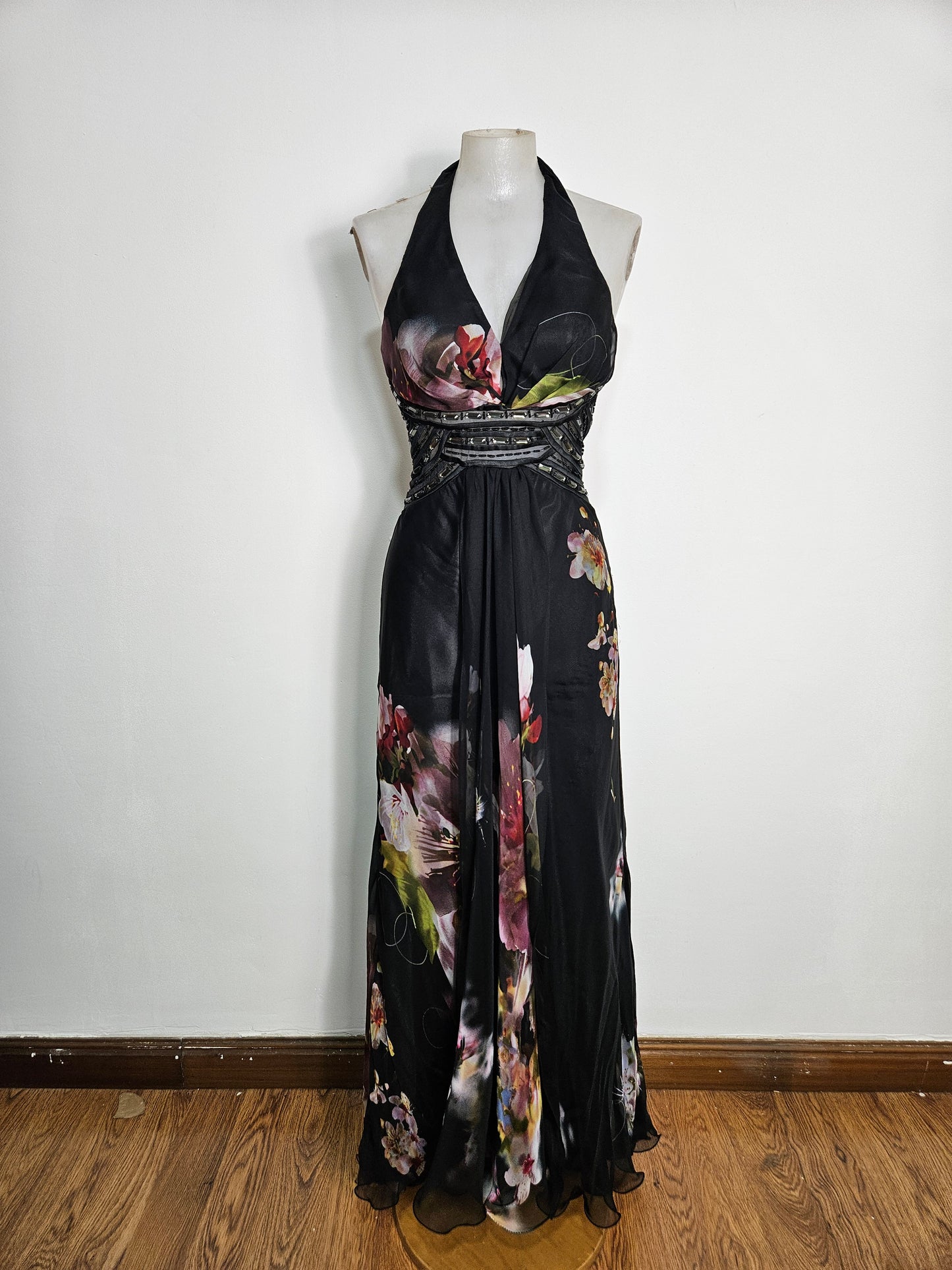 Maxi black floral dress with open back