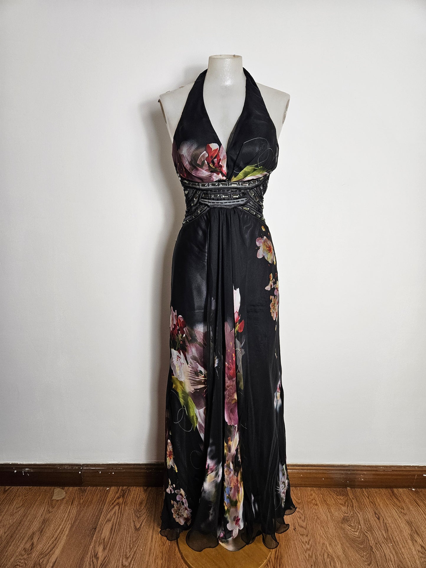 Maxi black floral dress with open back