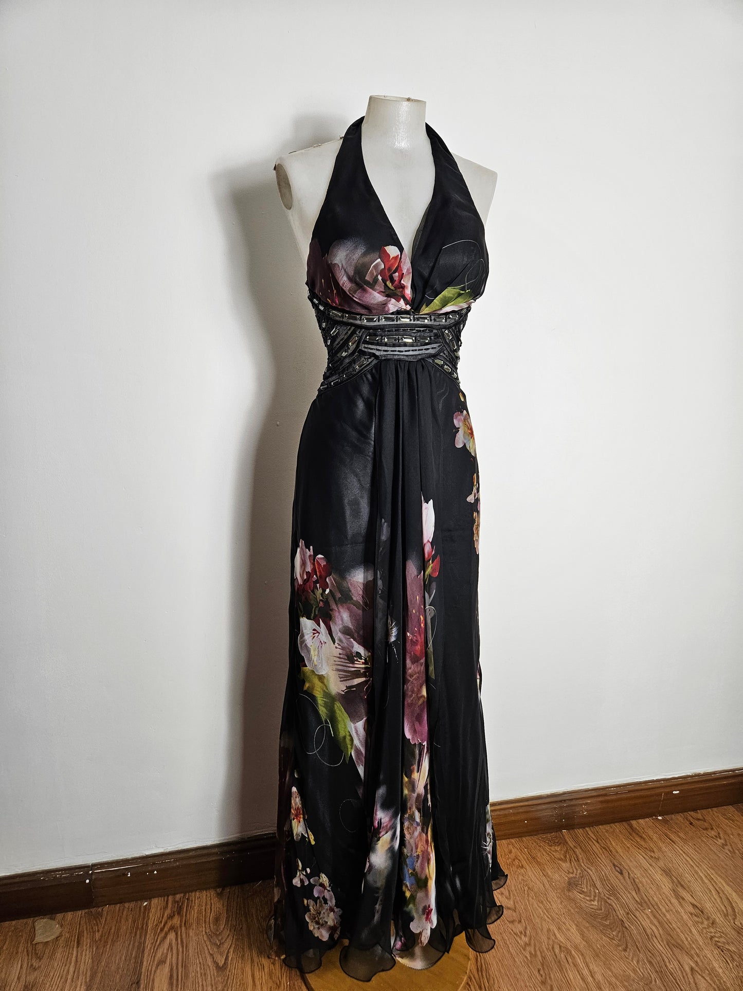 Maxi black floral dress with open back