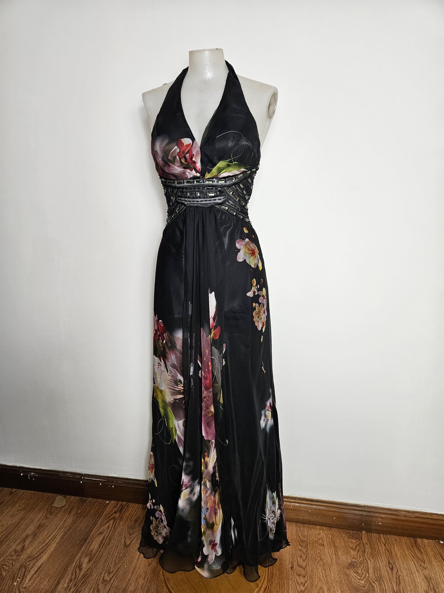 Maxi black floral dress with open back