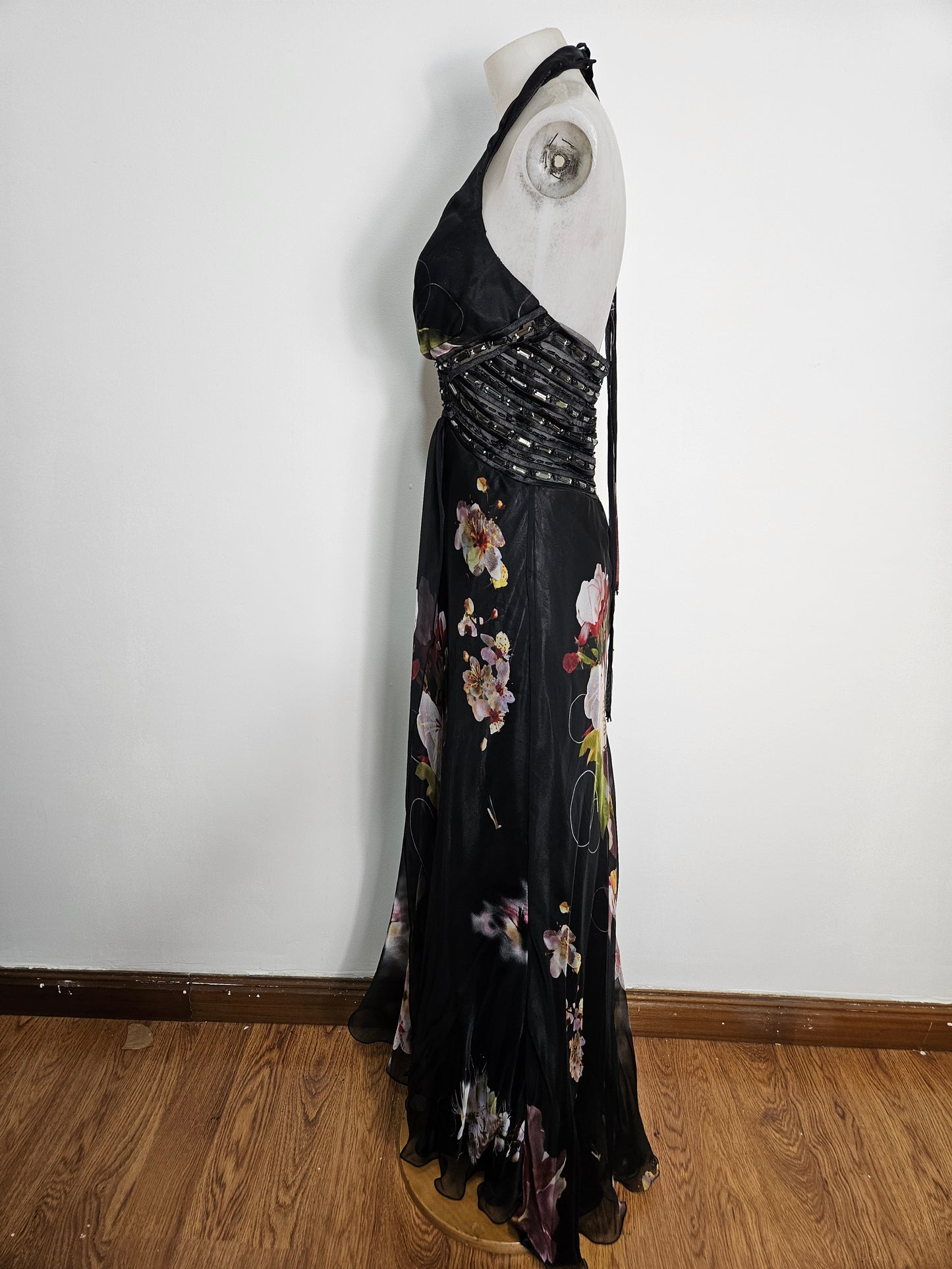 Maxi black floral dress with open back