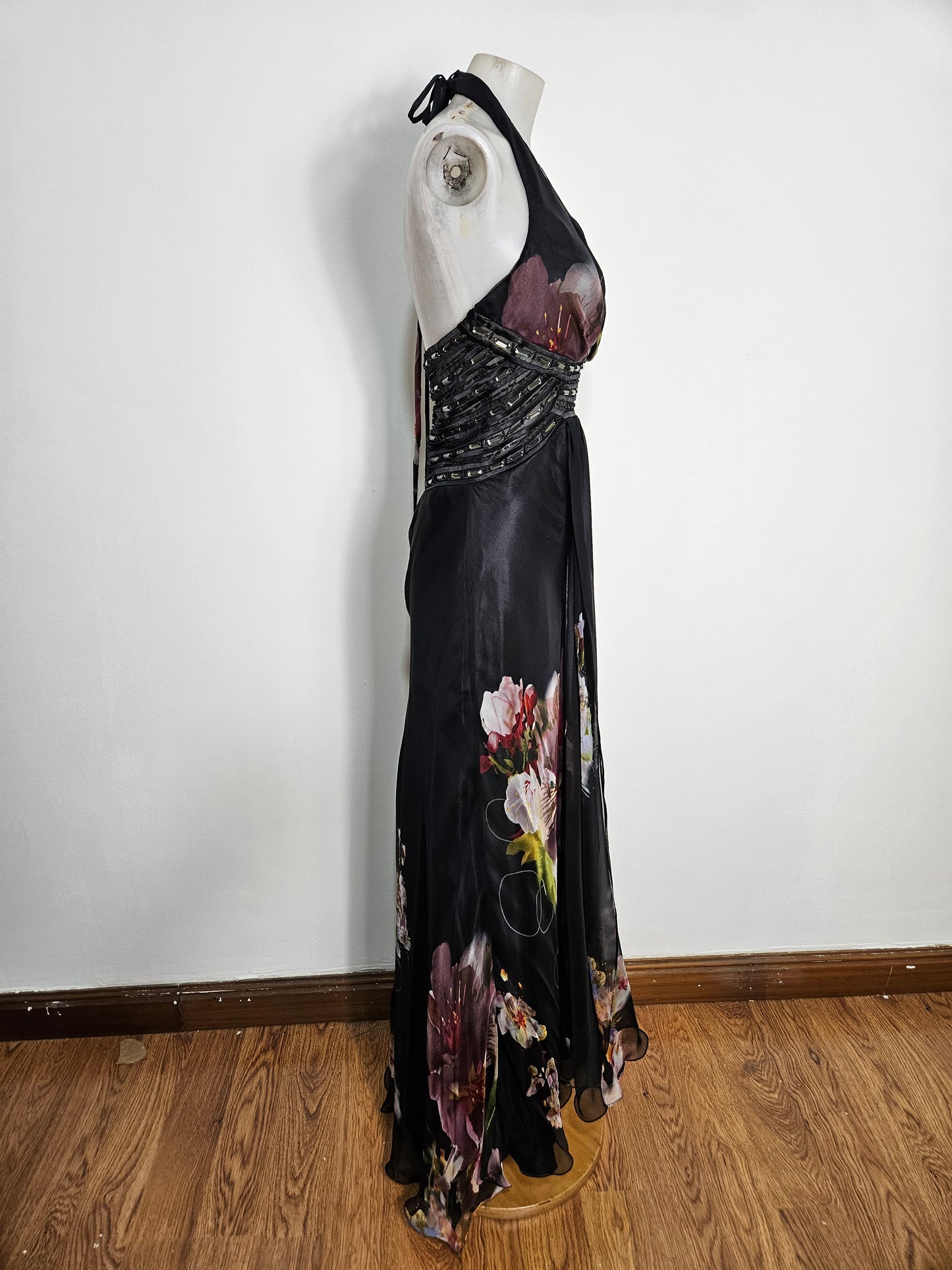 Maxi black floral dress with open back