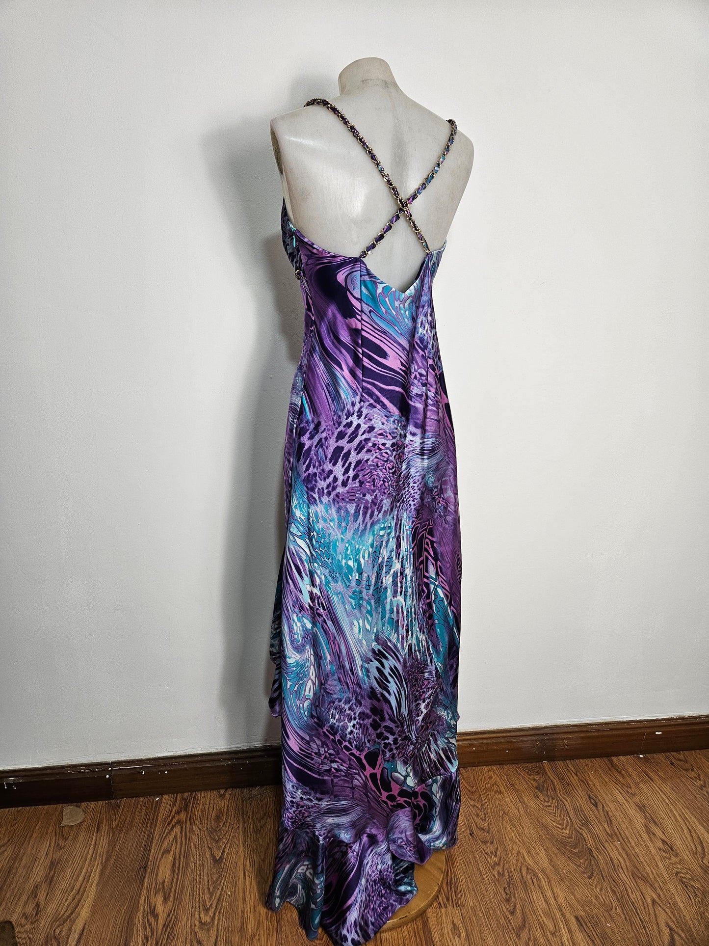 Vestido largo morado y azul