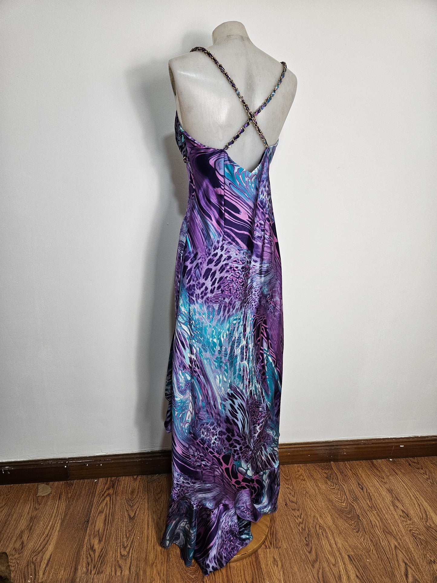 Vestido largo morado y azul