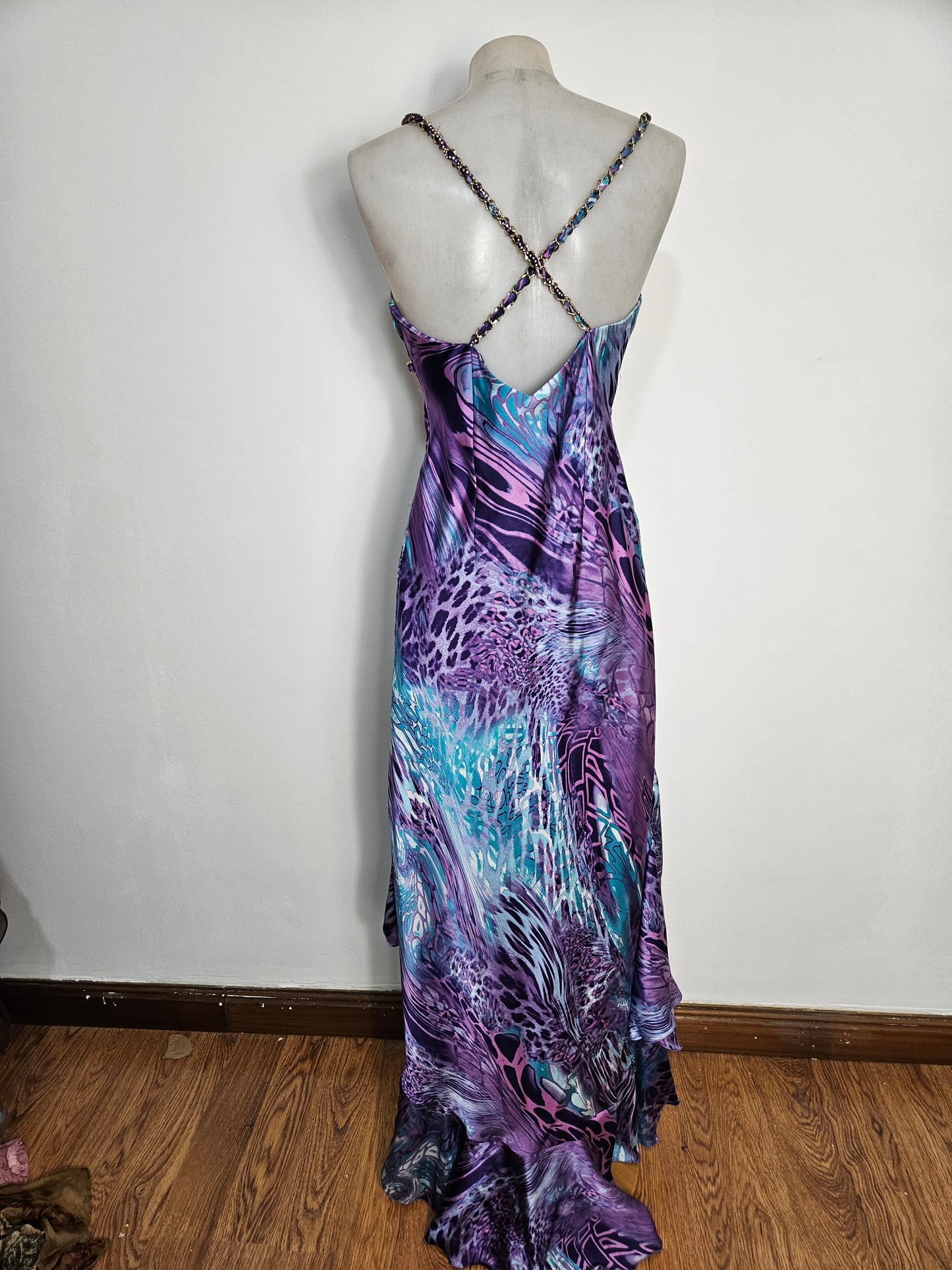 Vestido largo morado y azul