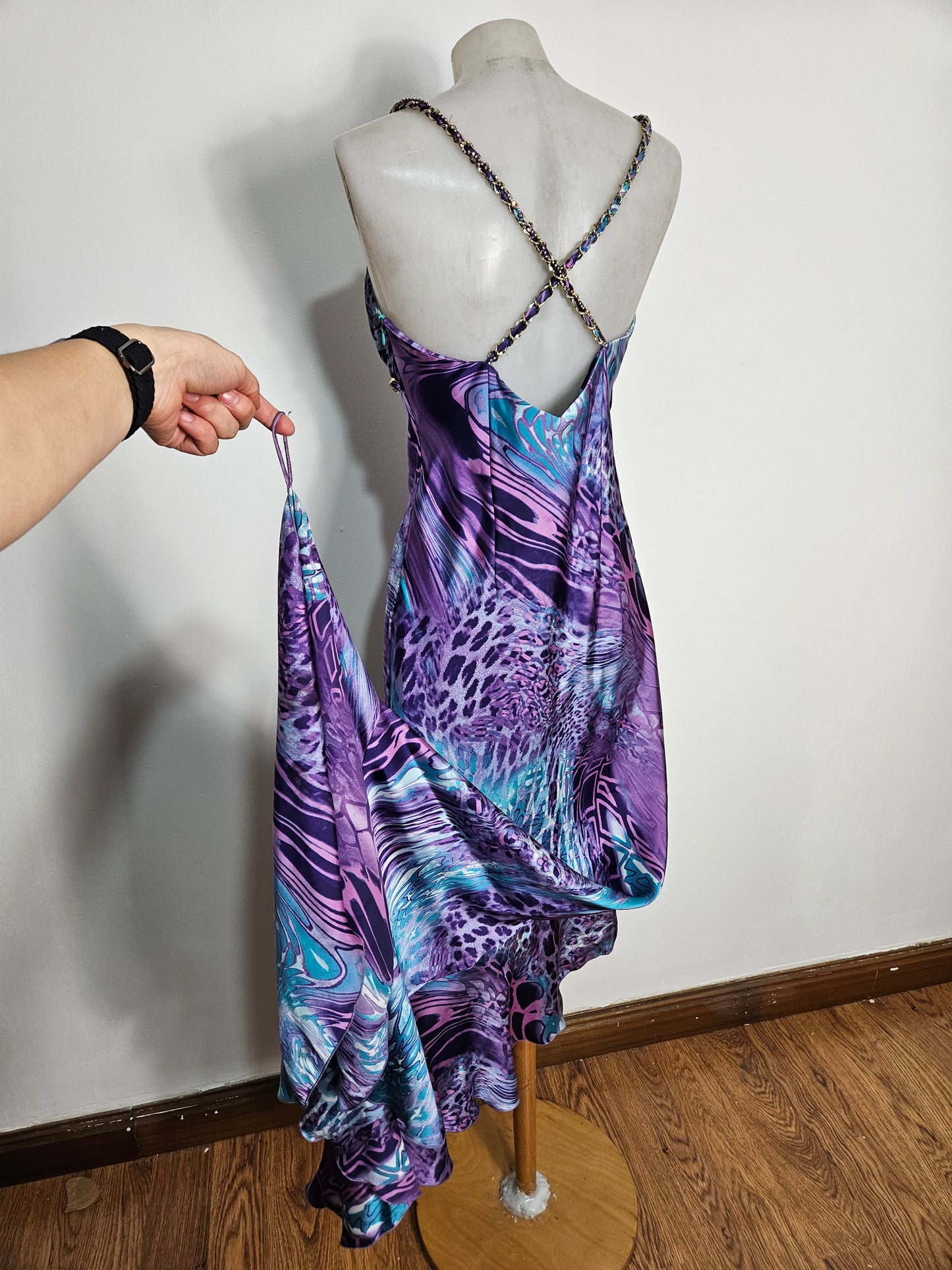 Vestido largo morado y azul