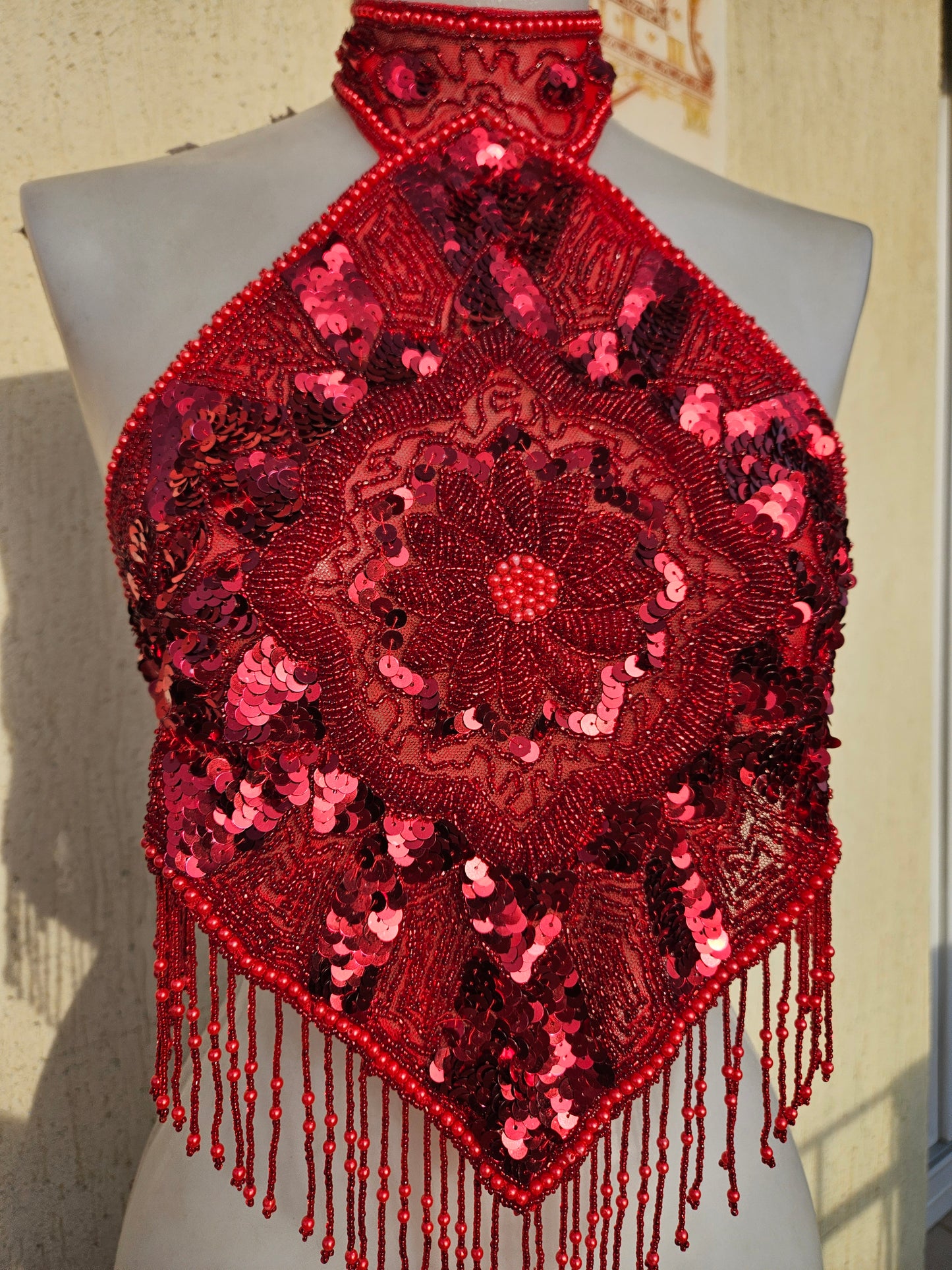 Dos nu brodé de sequins rouge sombre