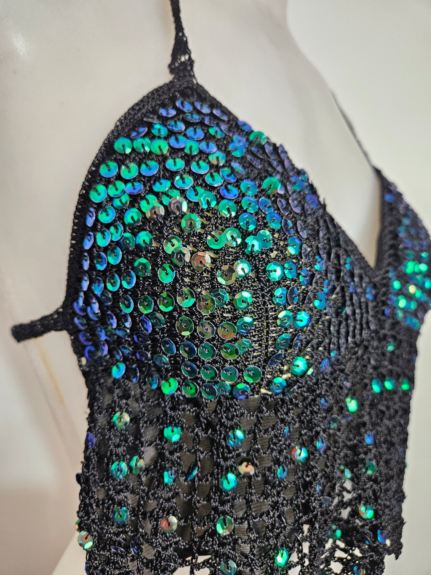green and black sequined halter top