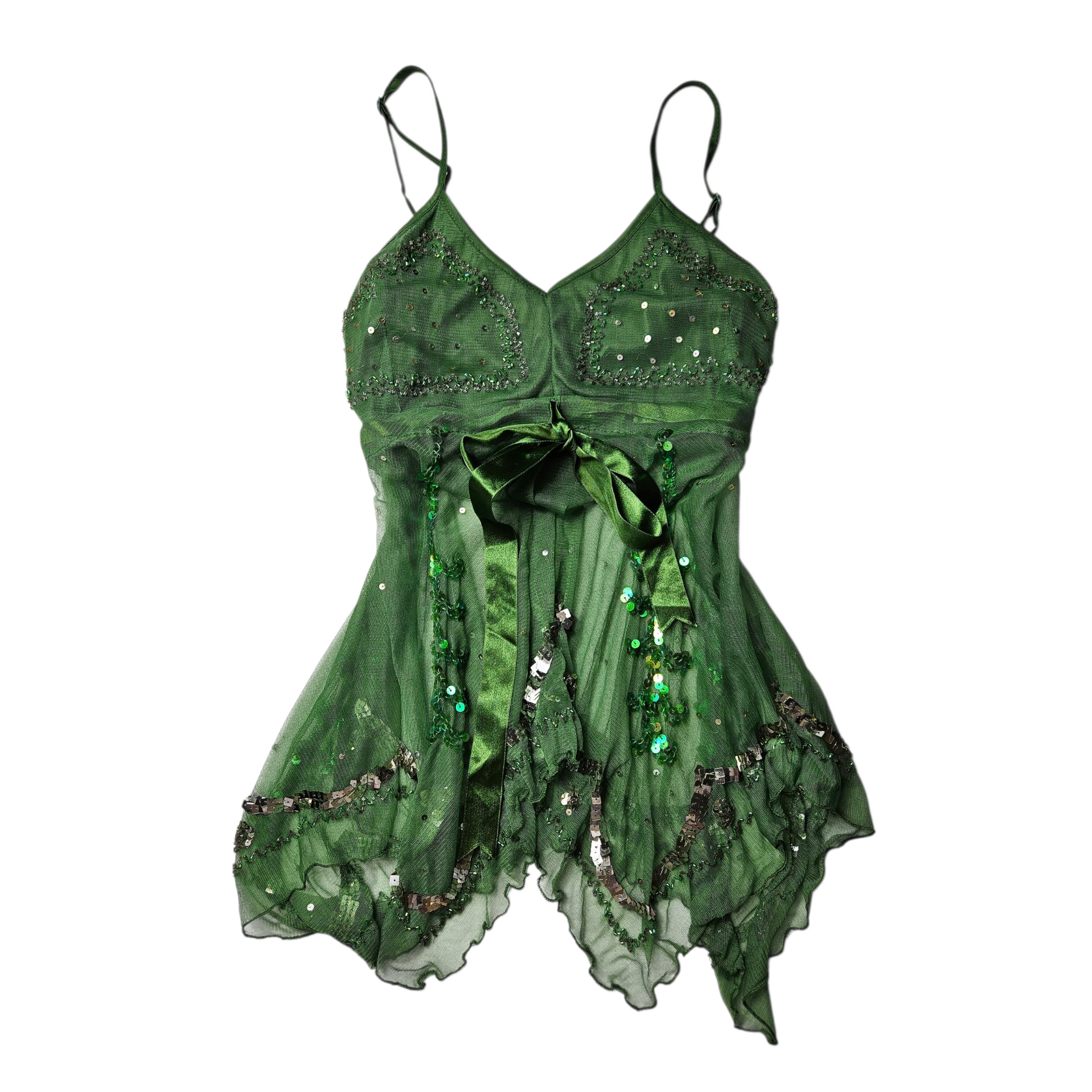Vintage emerald green sheer mesh babydoll top with sequins, embroidery, a satin bow, and an asymmetrical lettuce-edge hem.