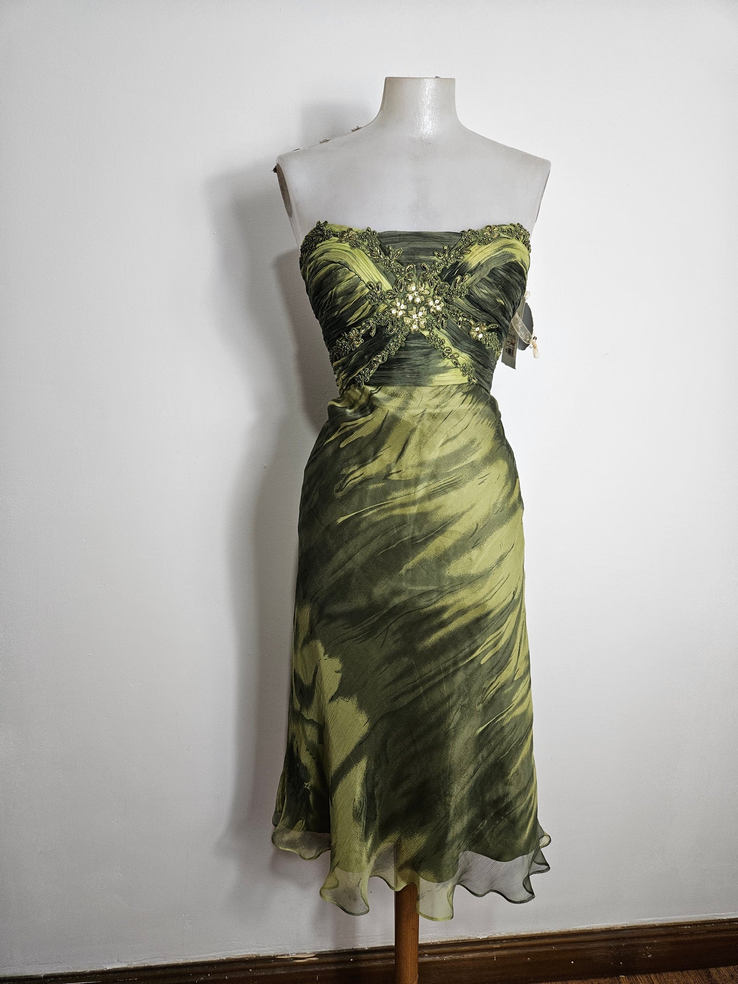Vintage strapless midi dress in olive green mossy print with beaded floral bodice embellishment and ethereal fairycore lettuce edge hem. photographed on mannequin against neutral background by Lucid Dream 2007
