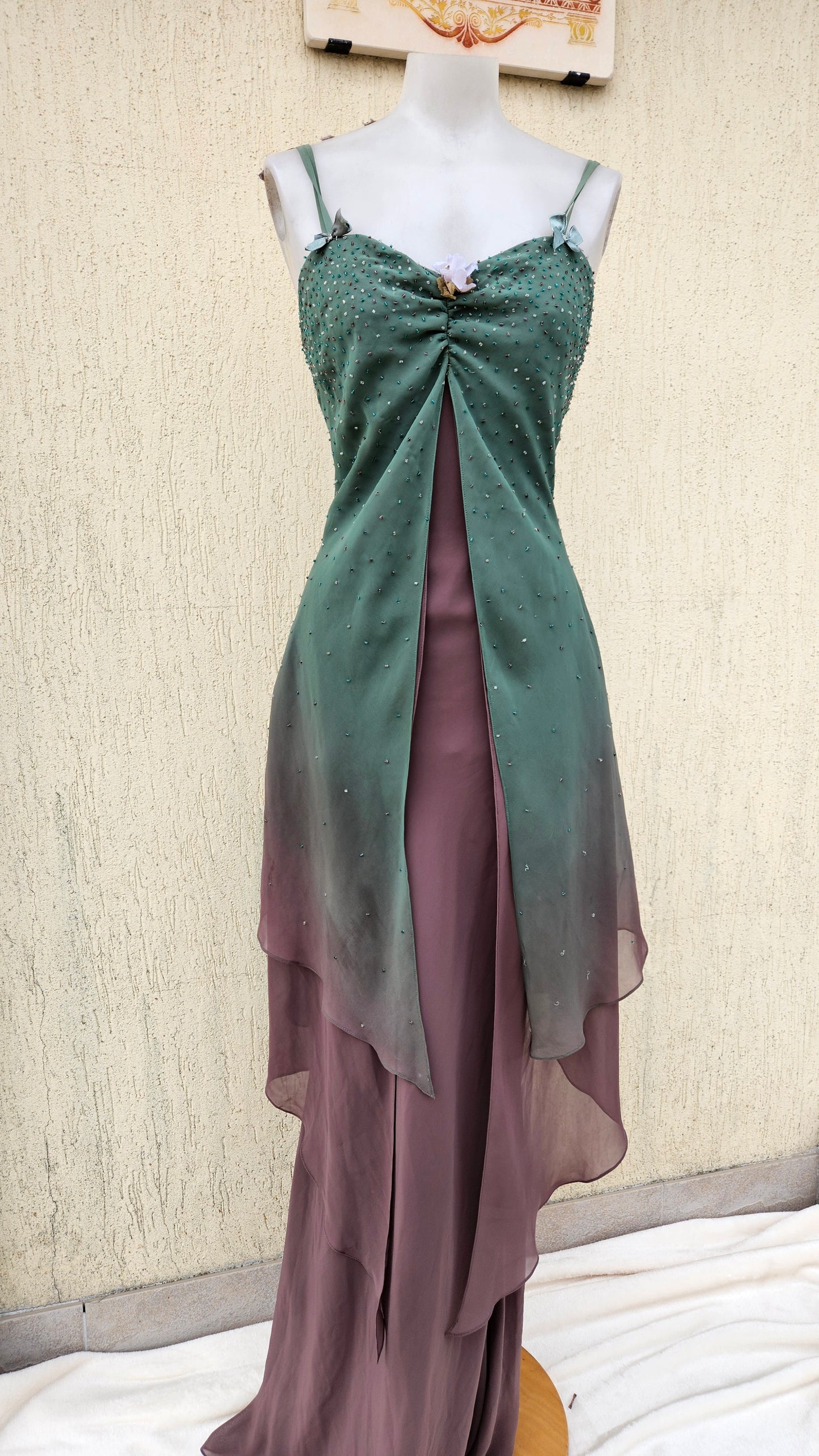 Embroidered dress in shades of green and brown