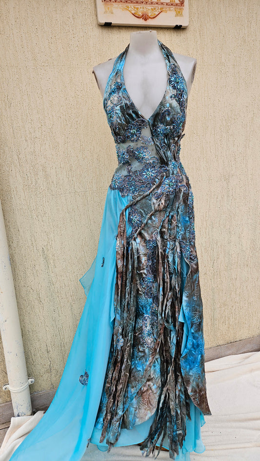 Maxi robe brodé dos nu bleue
