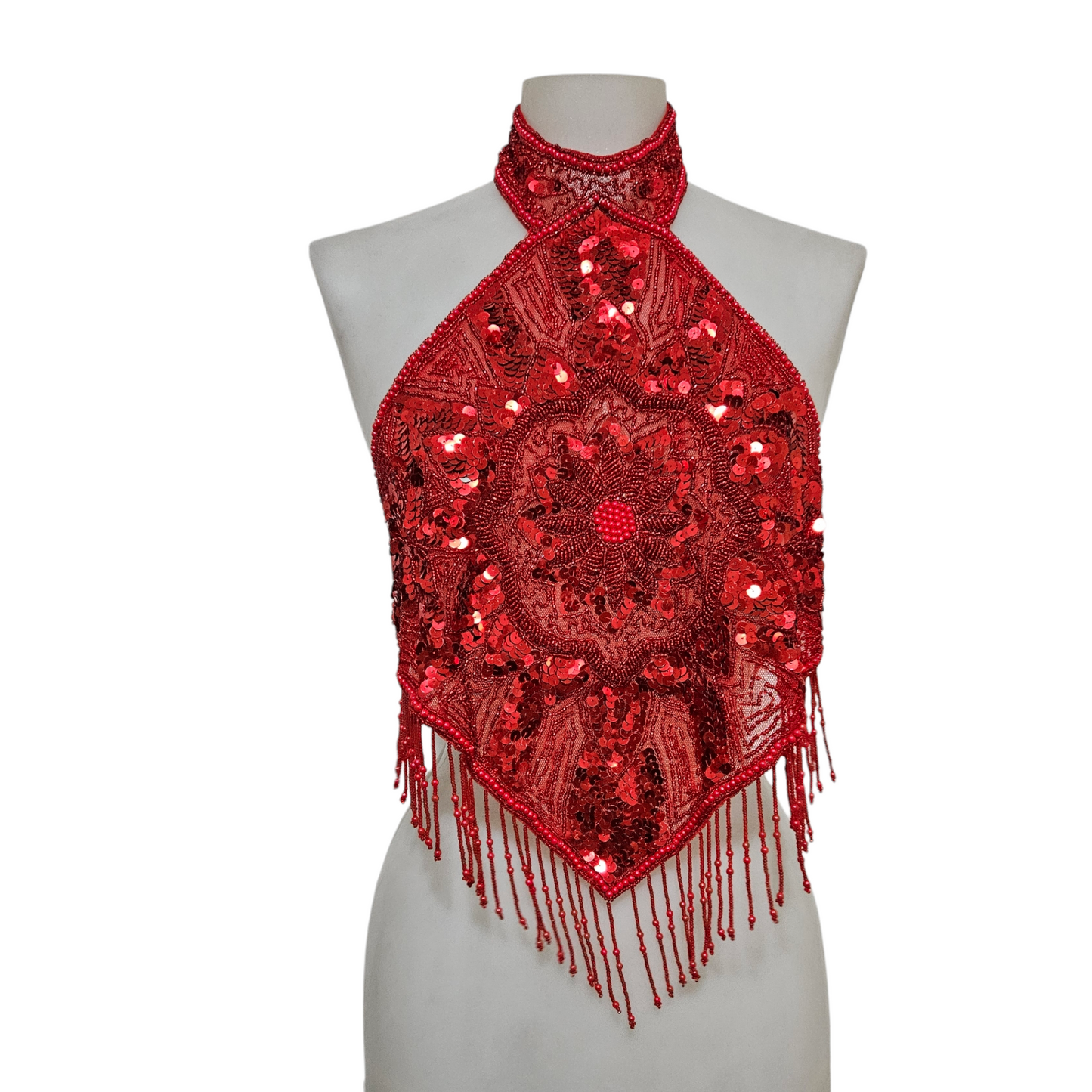 Vestido rojo sin espalda bordado con lentejuelas
