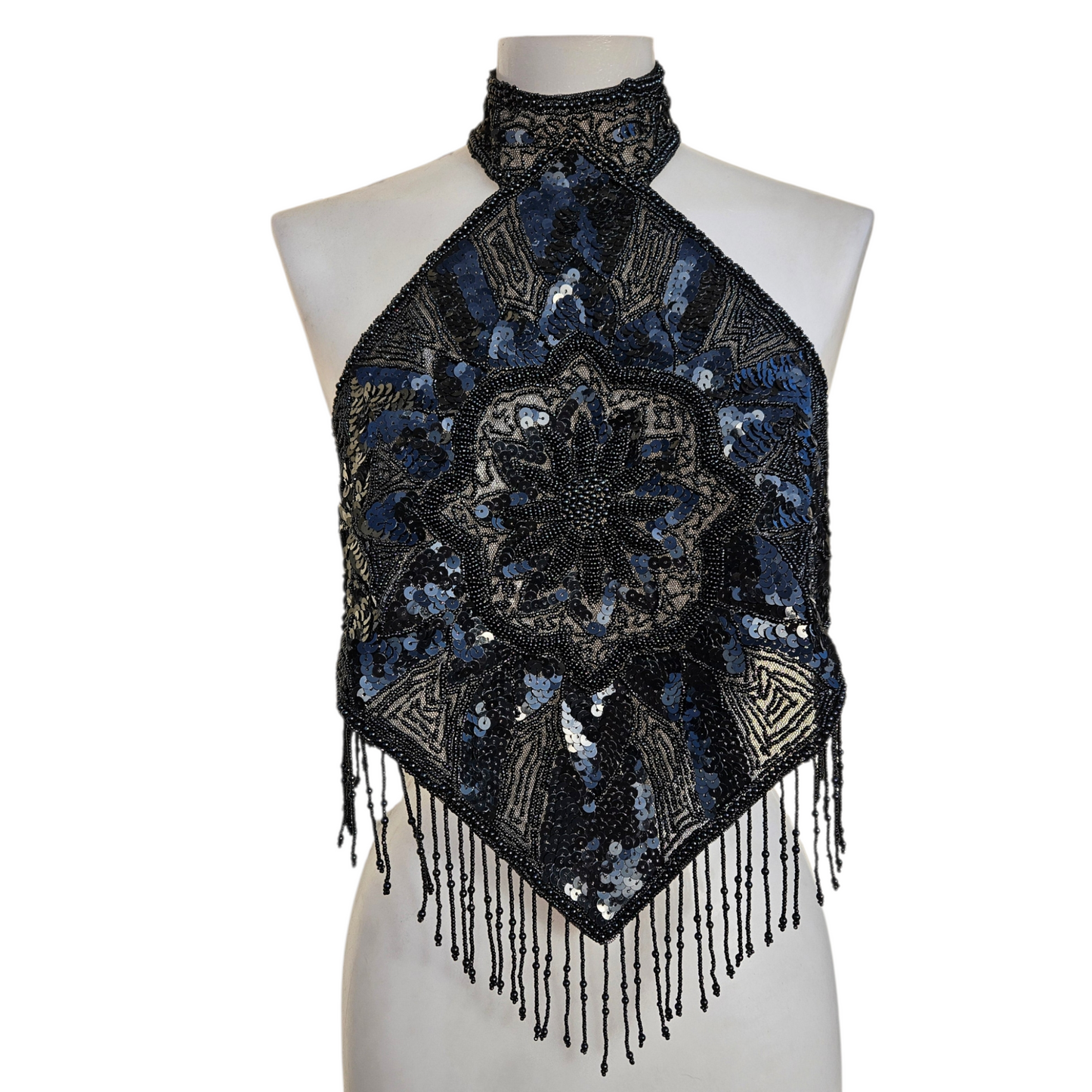 Black open back embroidered with sequins