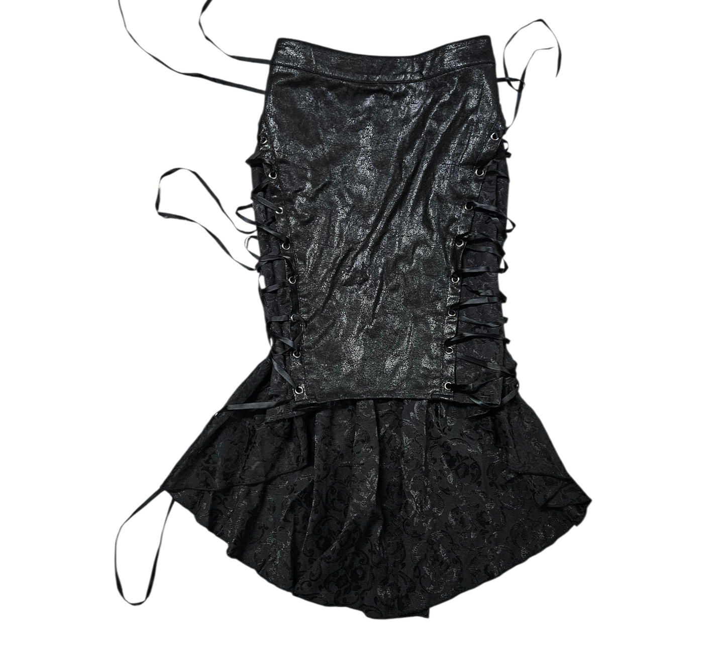 Black vintage faux leather mini skirt with side lace-up details, eyelets and ruffled hem, y2k goth vibe, by Lucid Dream 2007