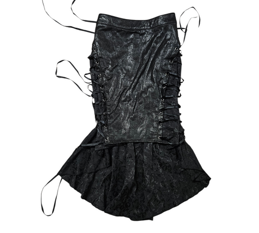 Black vintage faux leather mini skirt with side lace-up details, eyelets and ruffled hem, y2k goth vibe, by Lucid Dream 2007