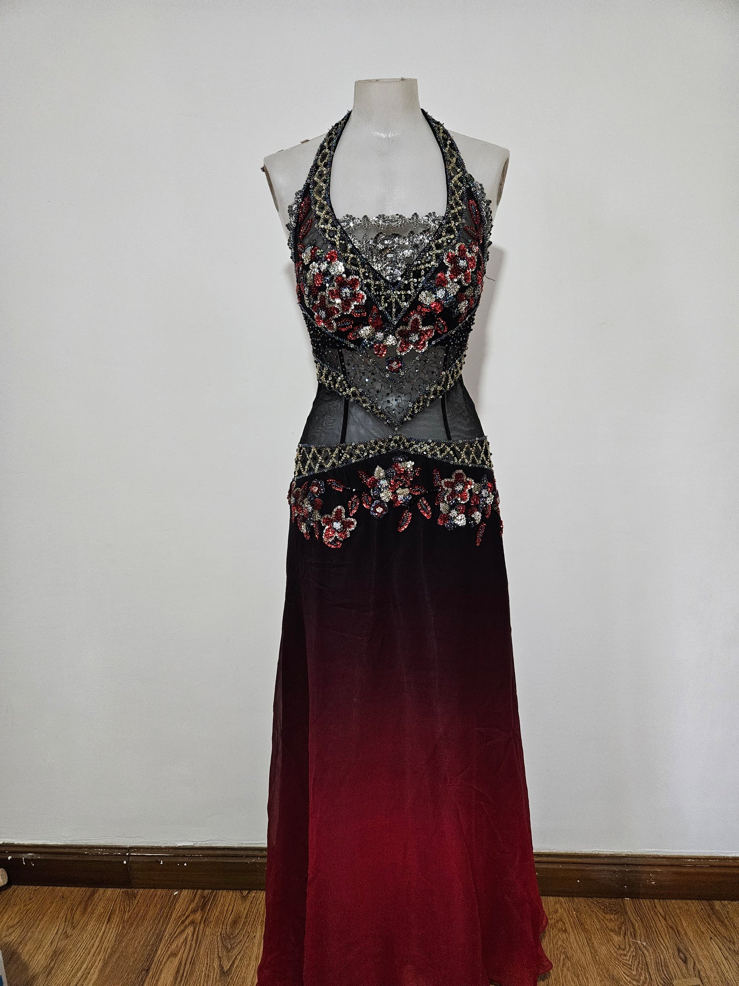 Red and black gradient embroidered dress