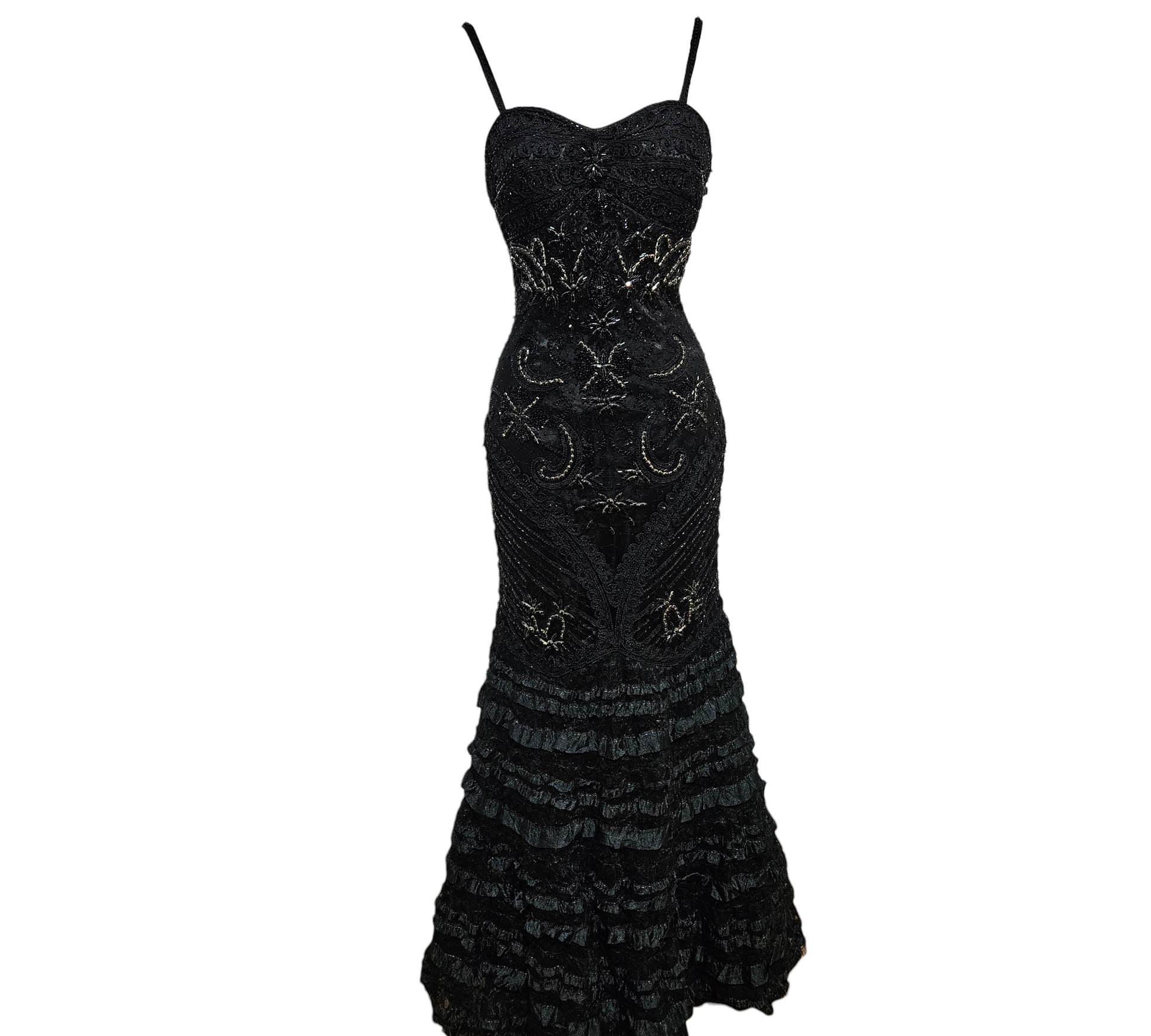 Black embellished maxi dress with beaded embroidery and ruffled hem, dark romantic gothic glamour, whimsigoth fairycore night-out statement, vintage vibes.