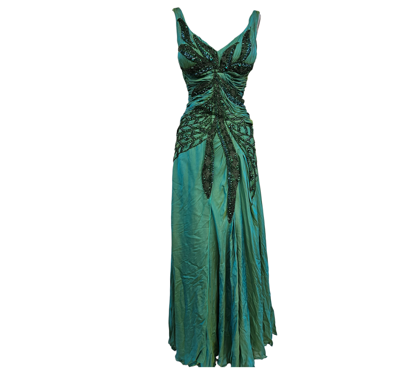 Maxi green dress embroidered with pearls