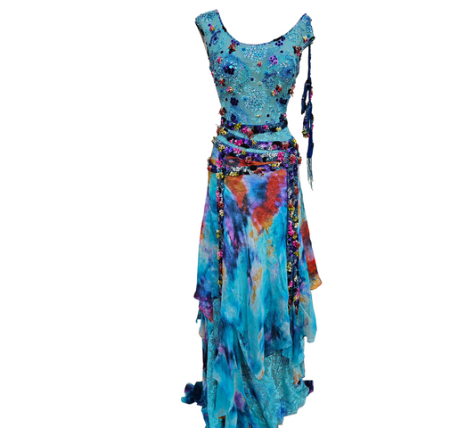 Vintage embellished turquoise maxi dress with beaded floral details and watercolor chiffon layers, magical y2k fairycore statement piece by Lucid Dream 2007