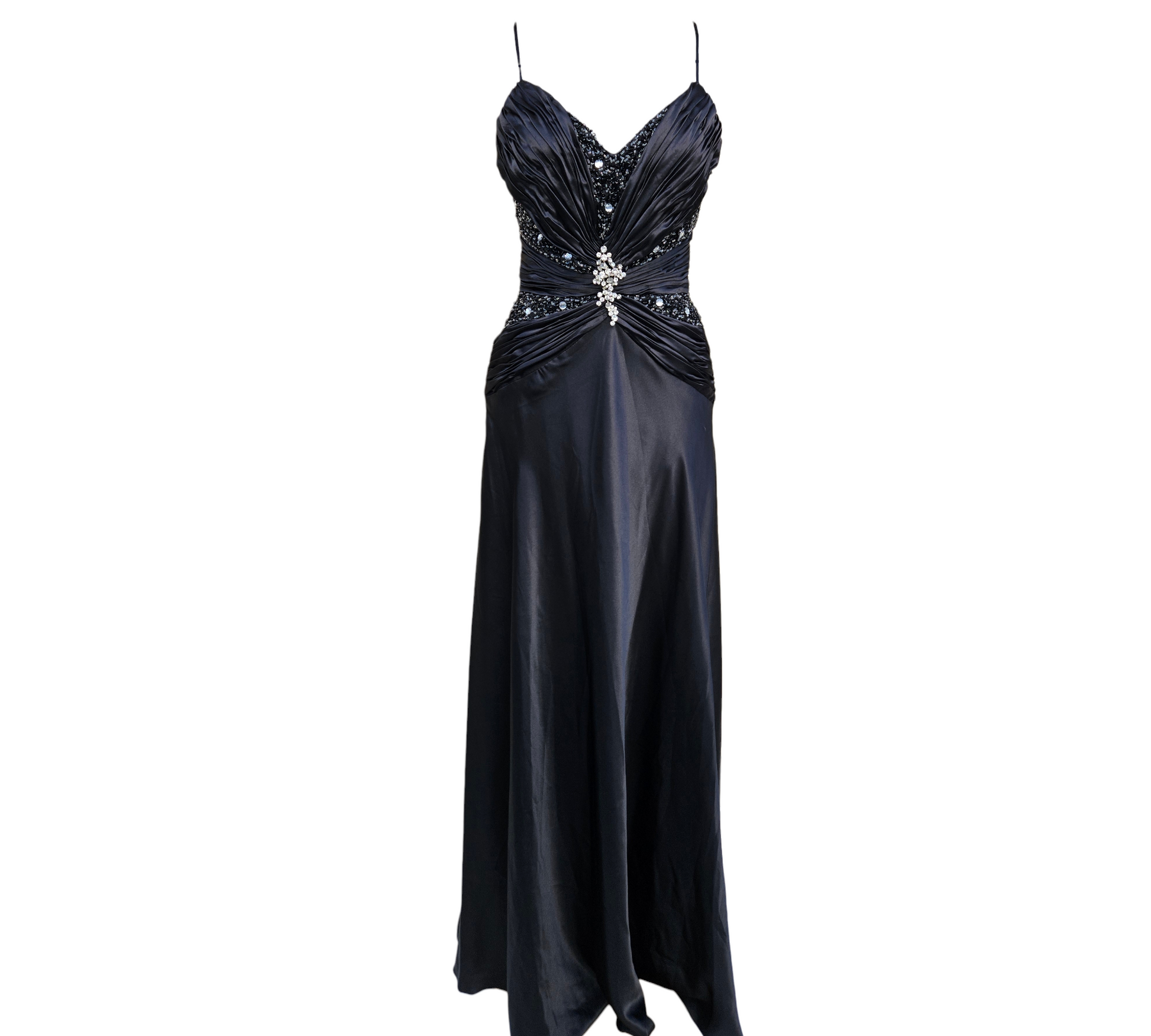 Vintage black evening gown with draped bodice, beaded details and open back, elegant fairycore Y2K formal dress by Lucid Dream 2007