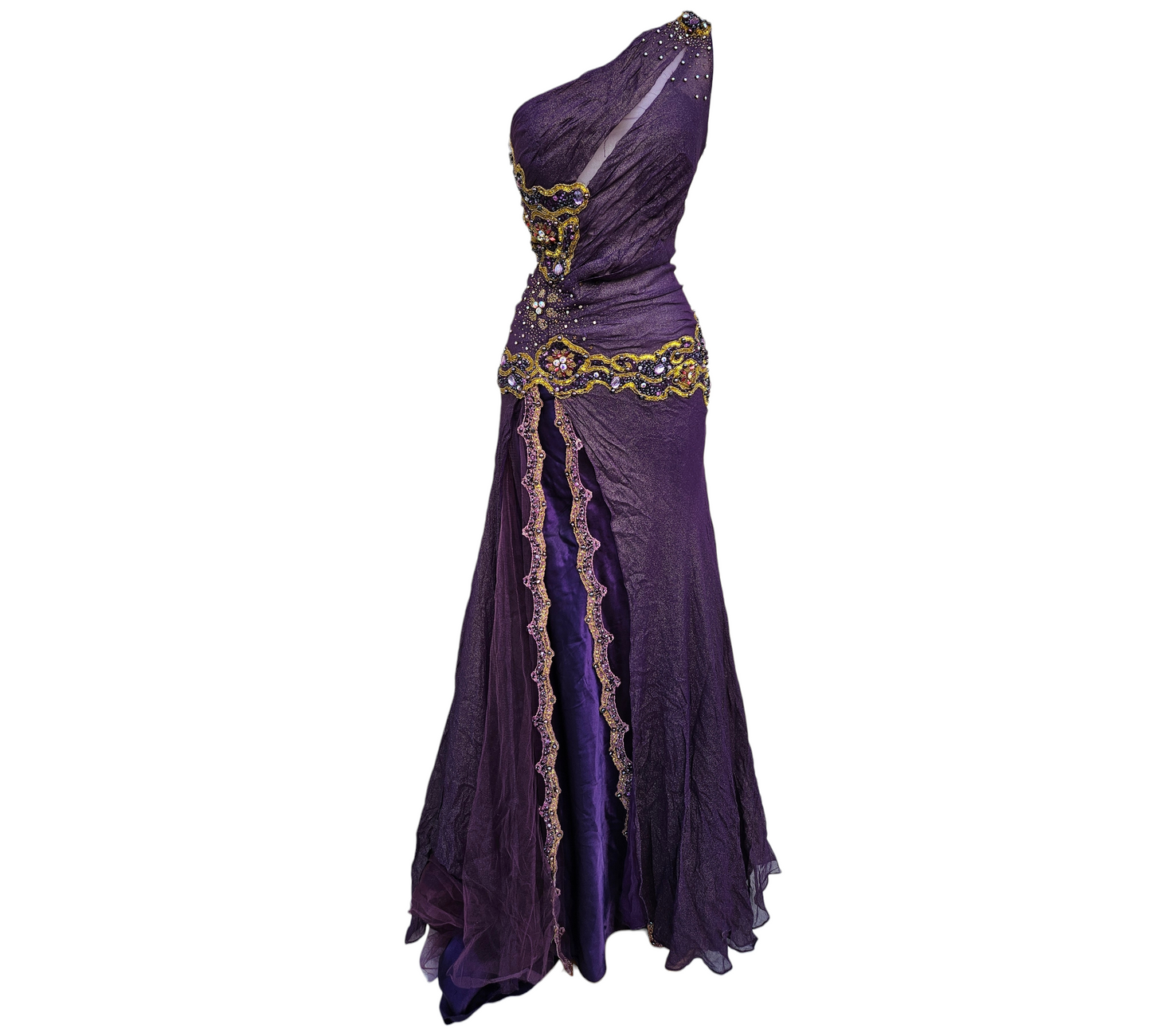 Vintage purple one-shoulder silk evening dress with intricate beading, sequins and draped silhouette, dramatic slit and fantasy-inspired details, y2k fairycore vibes.