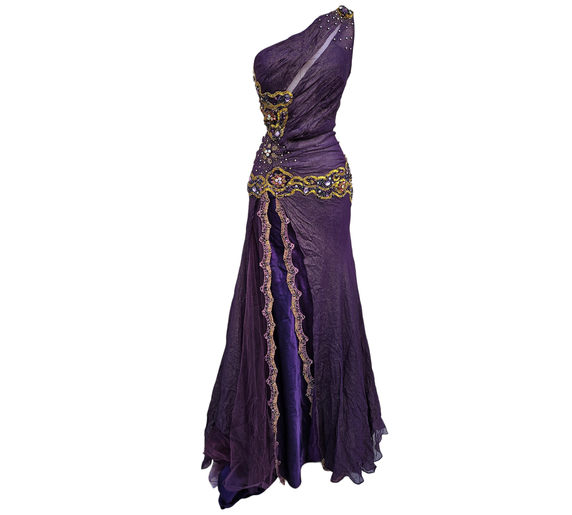 Vintage purple one-shoulder silk evening dress with intricate beading, sequins and draped silhouette, dramatic slit and fantasy-inspired details, y2k fairycore vibes.