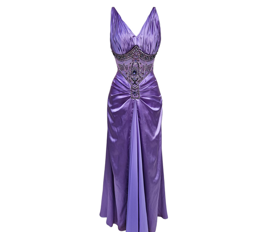 Vintage Y2K purple satin beaded maxi dress with draped front and jeweled waist, fairycore whimsigoth evening gown by Lucid Dream 2007